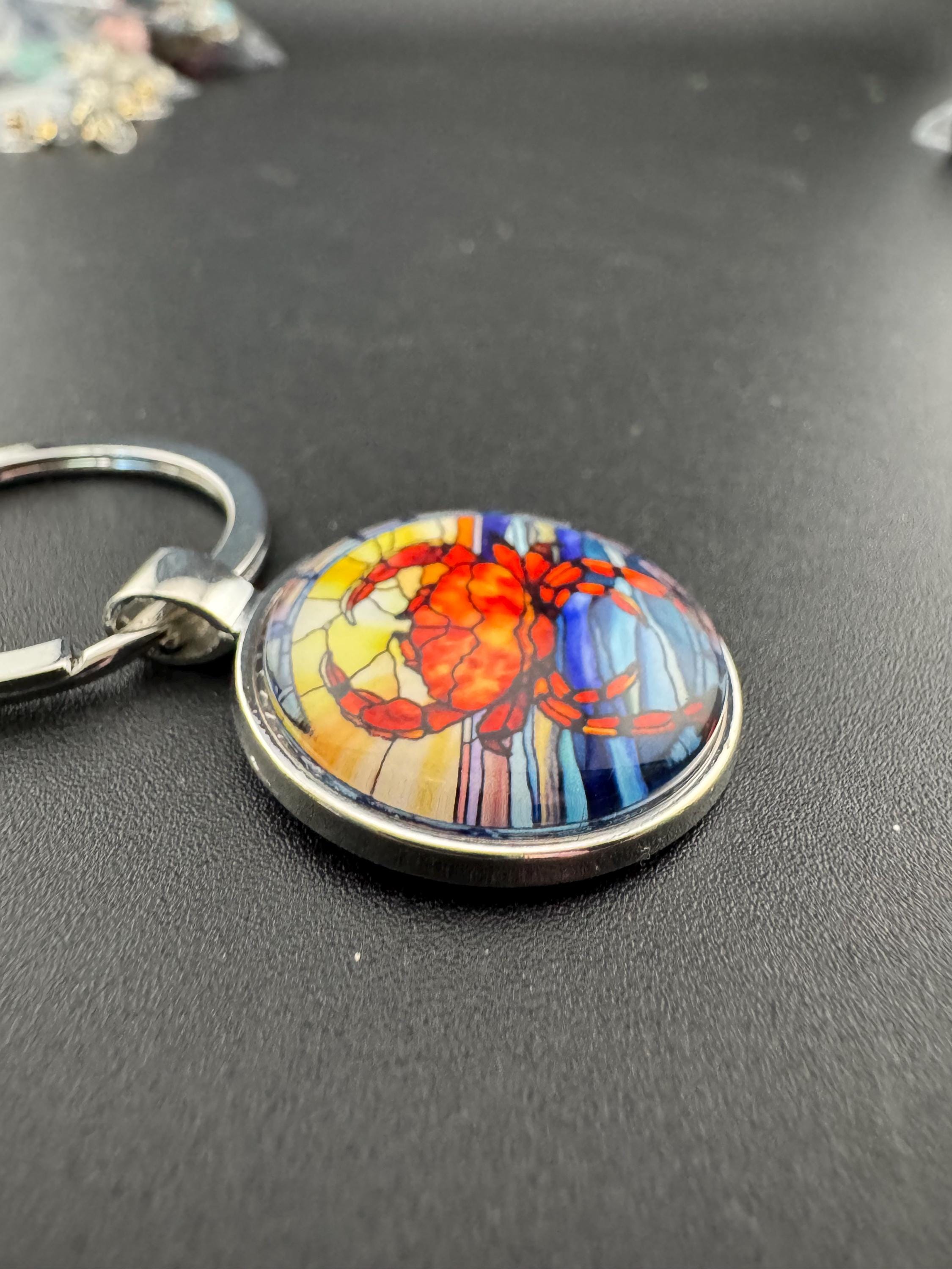 Summer nautical CRAB silver keyring, blue and orange seascape in a glass cabochon