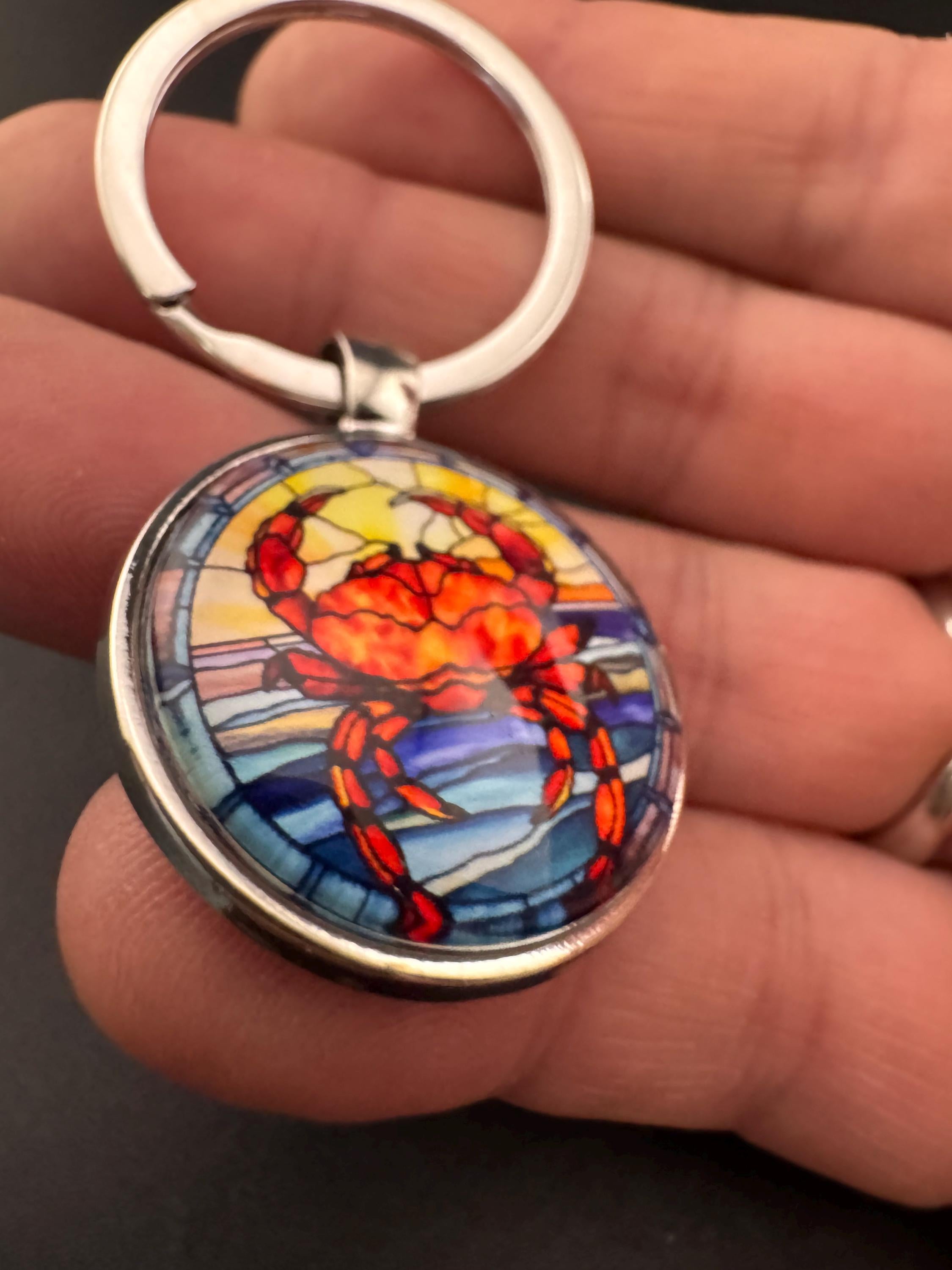 Summer nautical CRAB silver keyring, blue and orange seascape in a glass cabochon