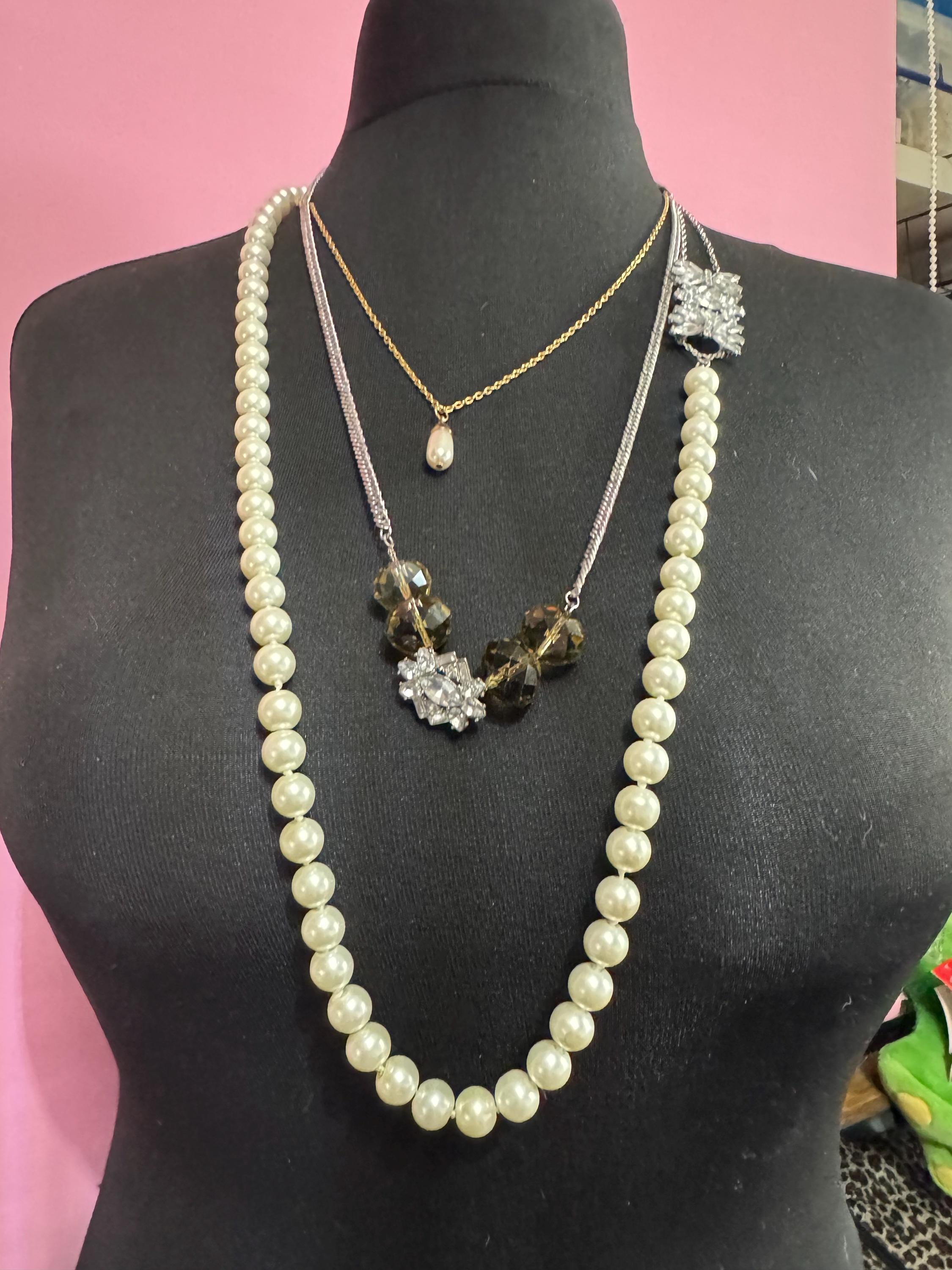 Unique artisan reworked vintage jewellery glass pearl and rhinestone beaded Multistrand layering necklace