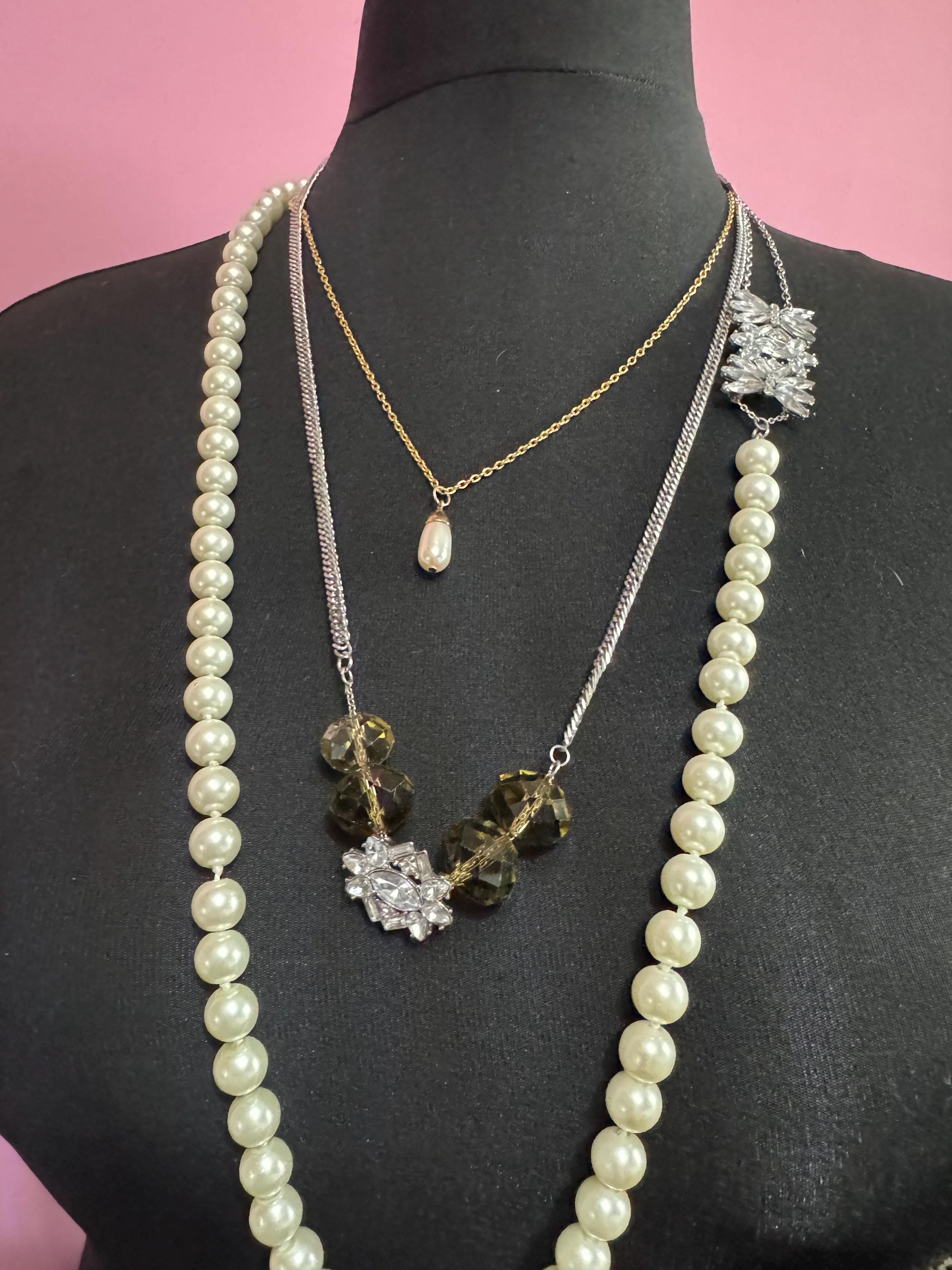 Unique artisan reworked vintage jewellery glass pearl and rhinestone beaded Multistrand layering necklace