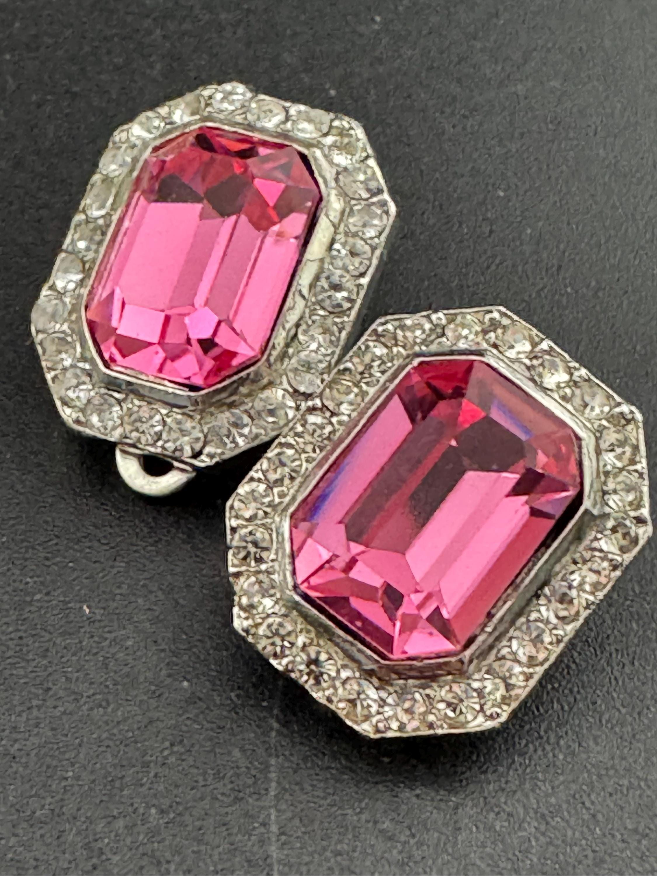 Vintage 1980s Swarovski Crystal Clip On Earrings: Pink Octagon