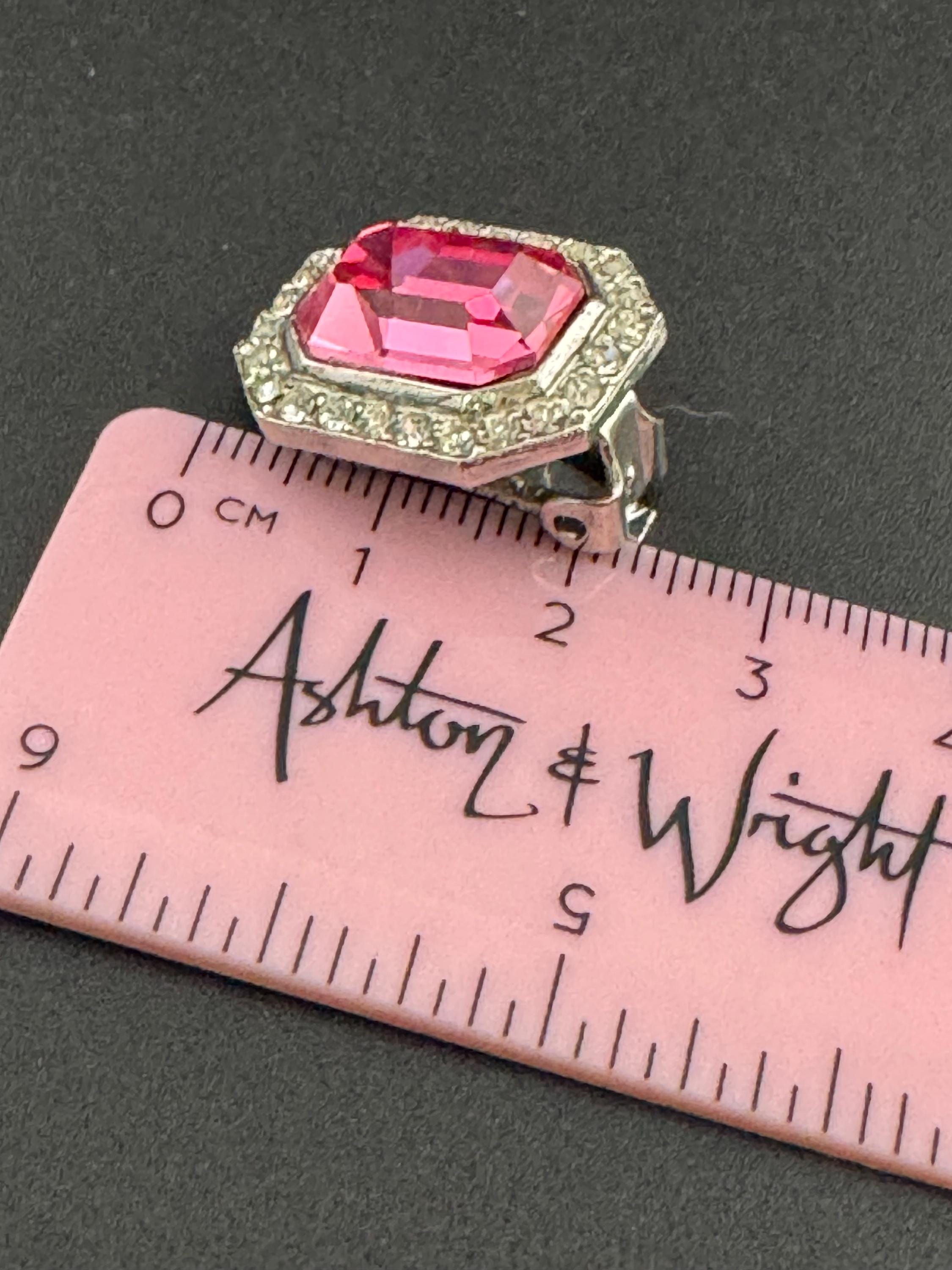 Vintage 1980s Swarovski Crystal Clip On Earrings: Pink Octagon