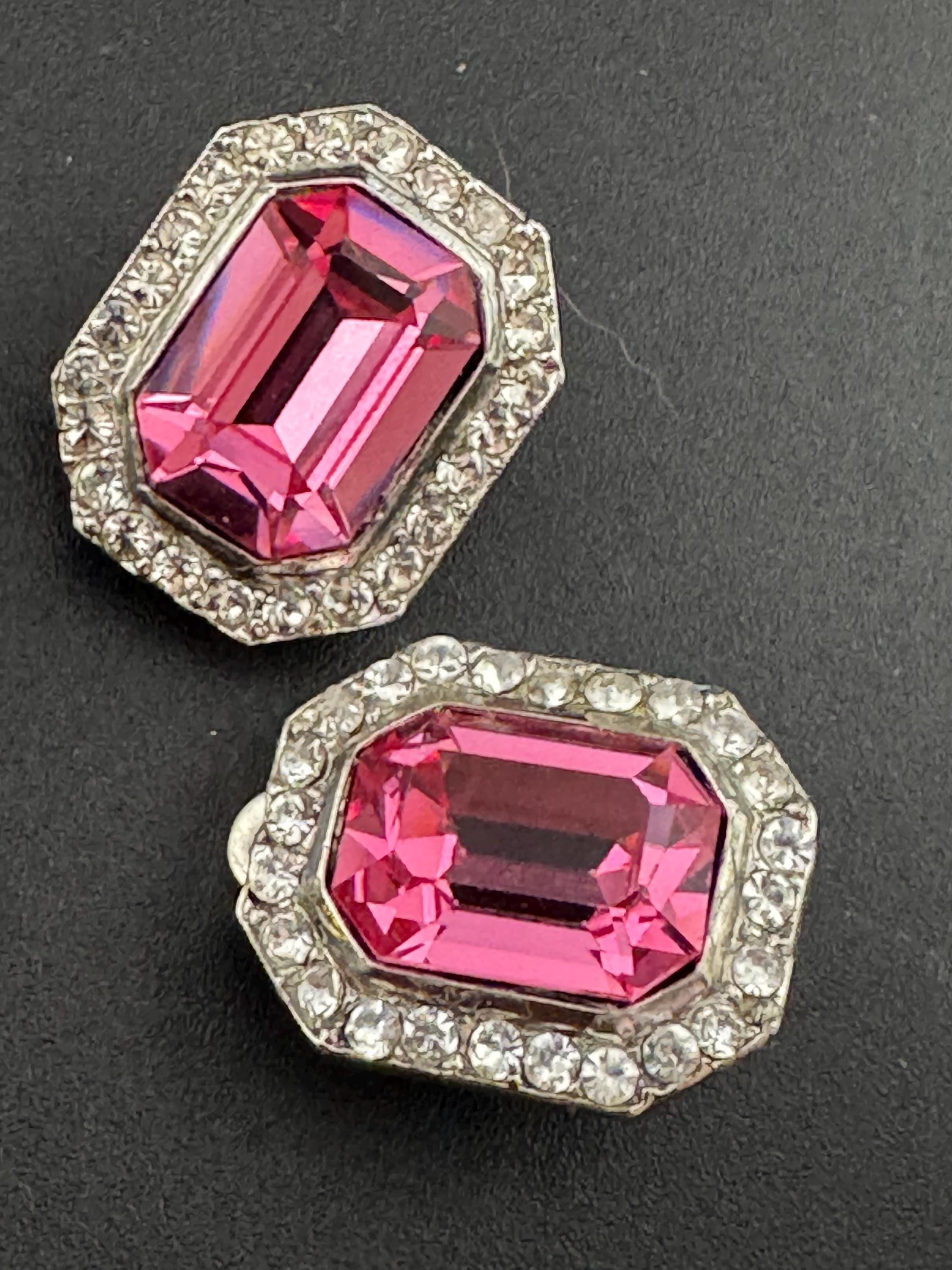 Vintage 1980s Swarovski Crystal Clip On Earrings: Pink Octagon