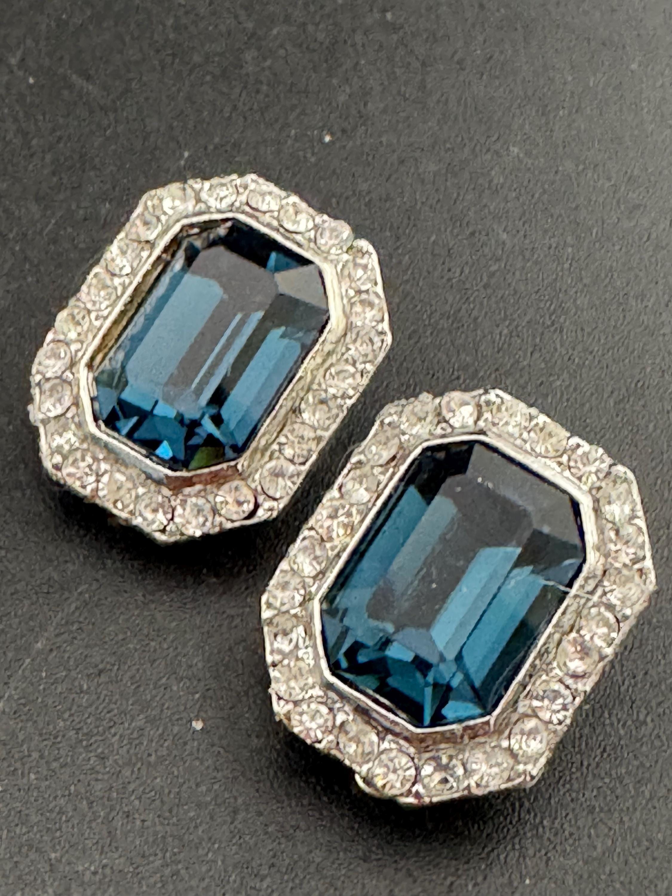 Vintage 1980s Swarovski Crystal Clip On Earrings: Sapphire Blue Octagon