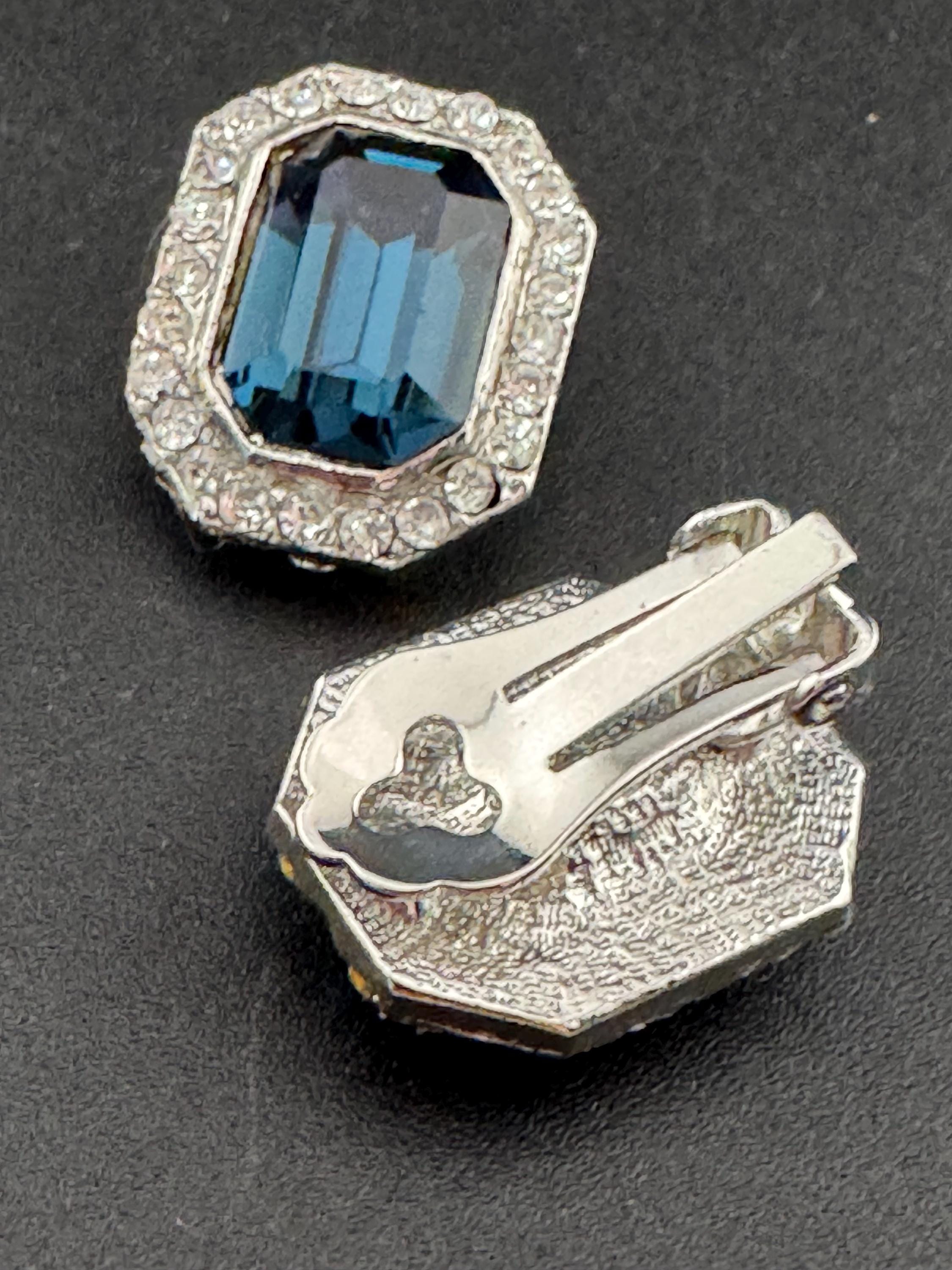 Vintage 1980s Swarovski Crystal Clip On Earrings: Sapphire Blue Octagon