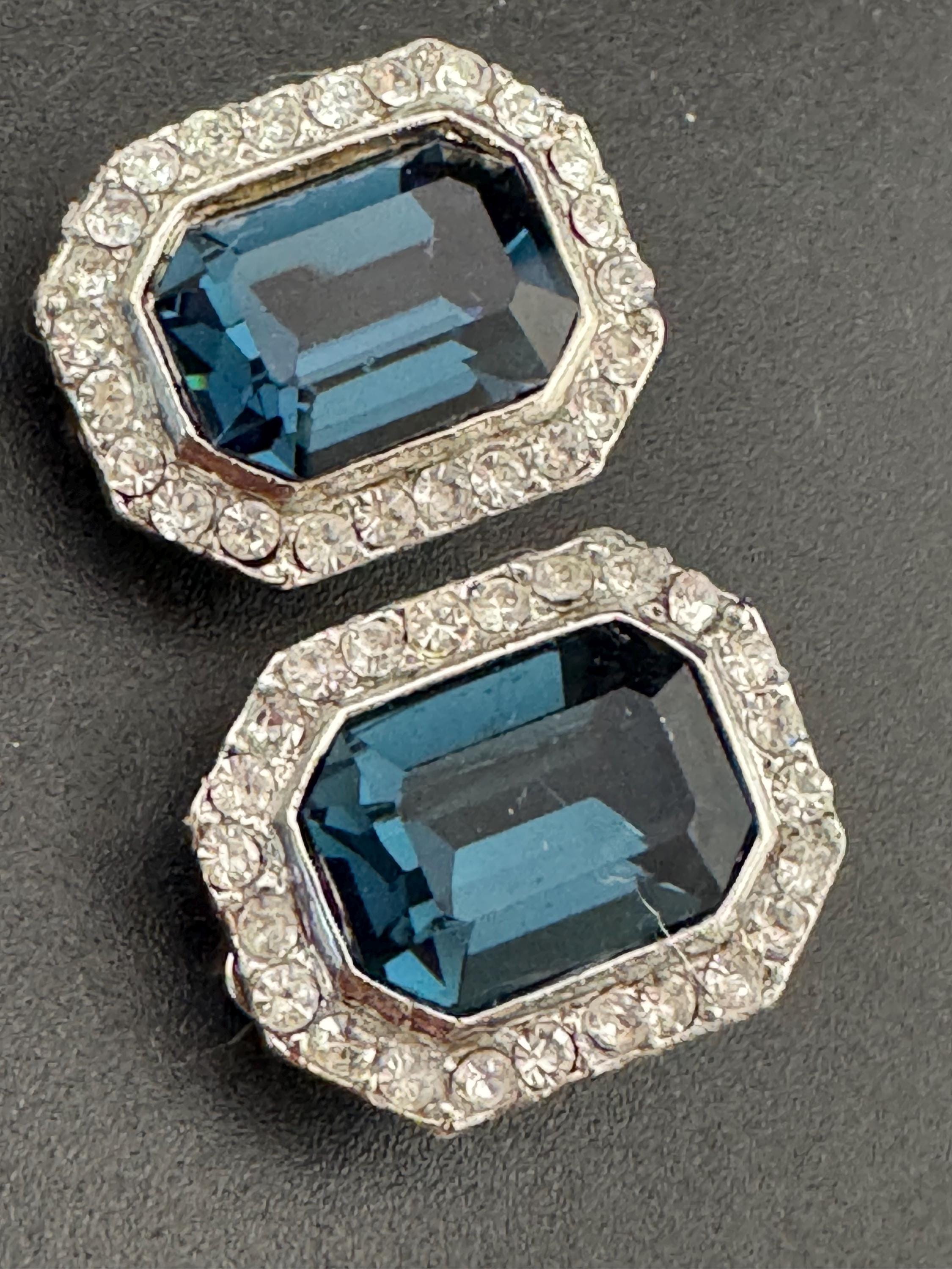 Vintage 1980s Swarovski Crystal Clip On Earrings: Sapphire Blue Octagon