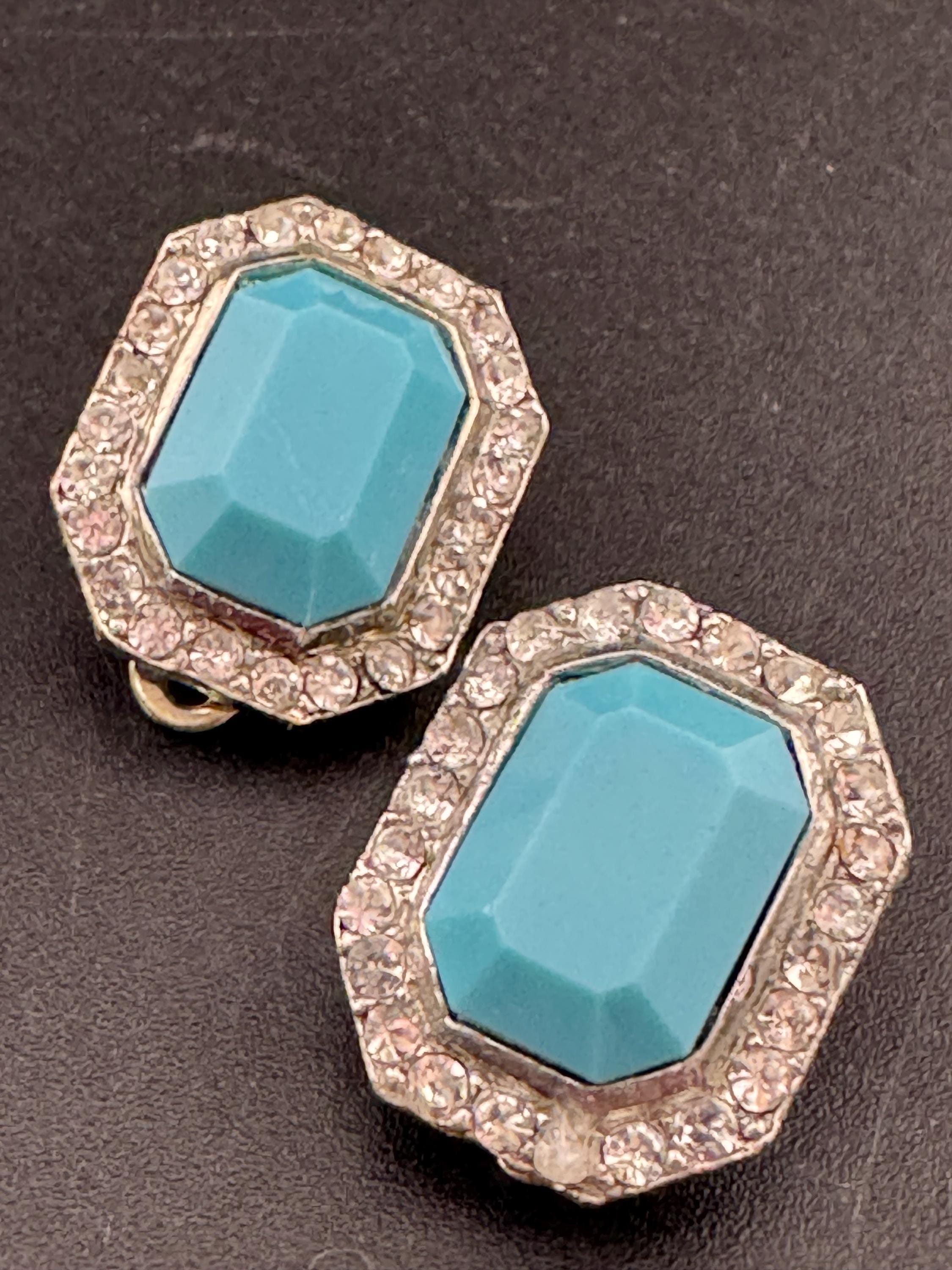 2cm clear and turquoise blue coloured genuine Swarovski crystal octagon clip on earrings 1980s, true vintage old shop stock
