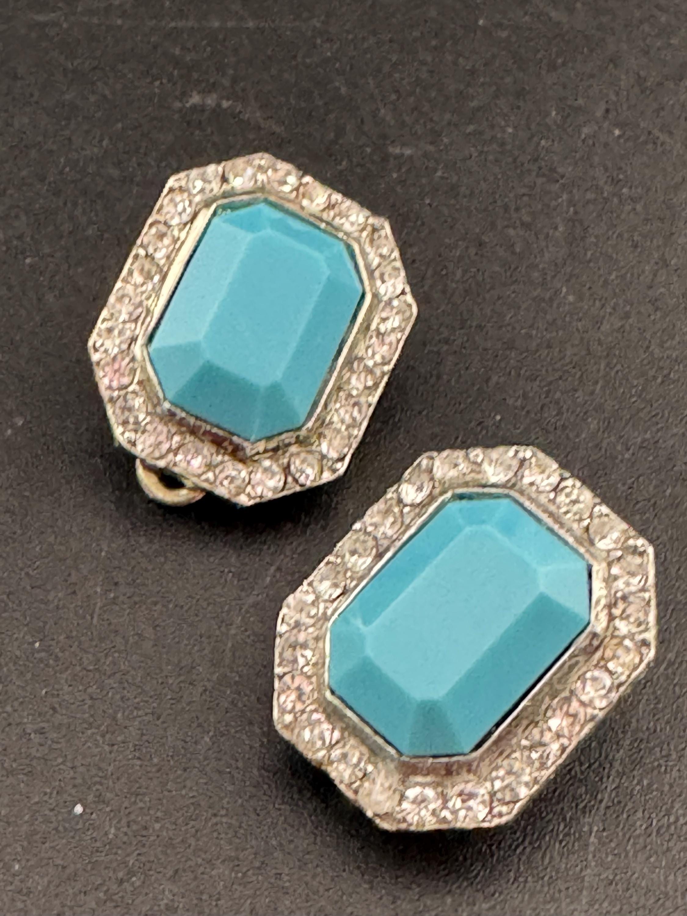 2cm clear and turquoise blue coloured genuine Swarovski crystal octagon clip on earrings 1980s, true vintage old shop stock