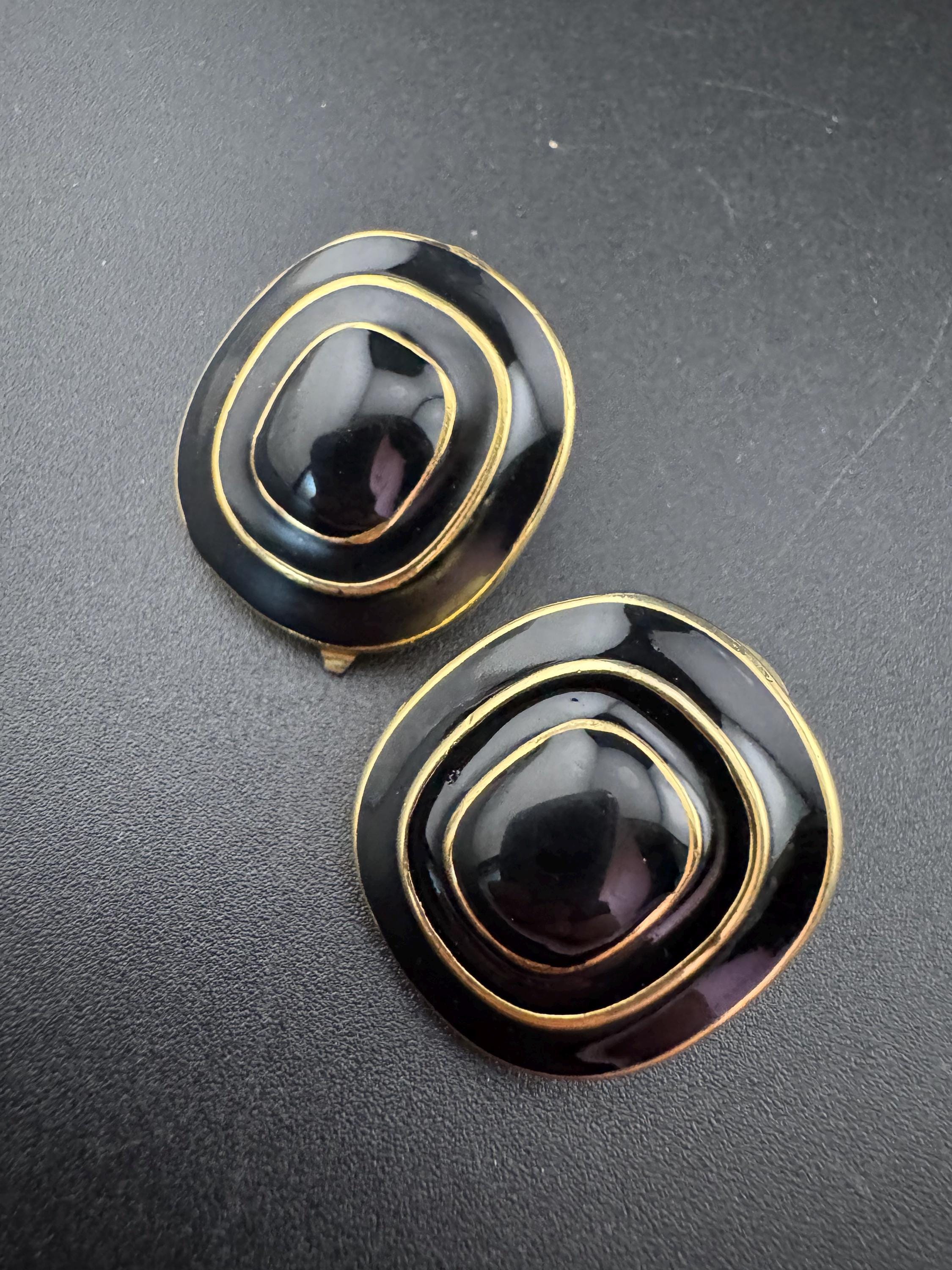 Vintage Gold tone Black enamel pair rectangular shaped stud earrings pierced, statement power dress 80s 90s
