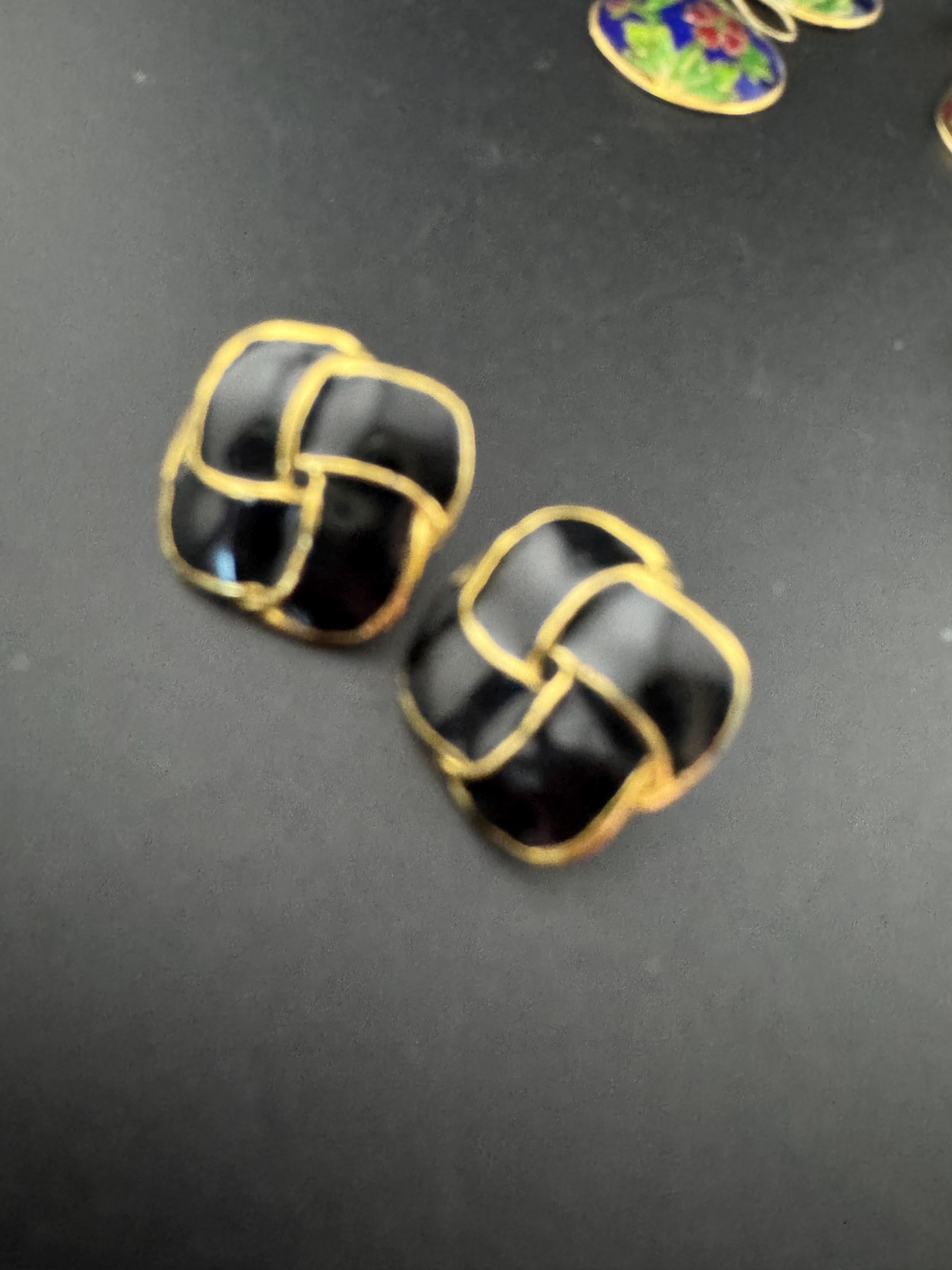 Vintage Gold tone Black enamel pair square shaped stud earrings pierced, statement power dress 80s 90s