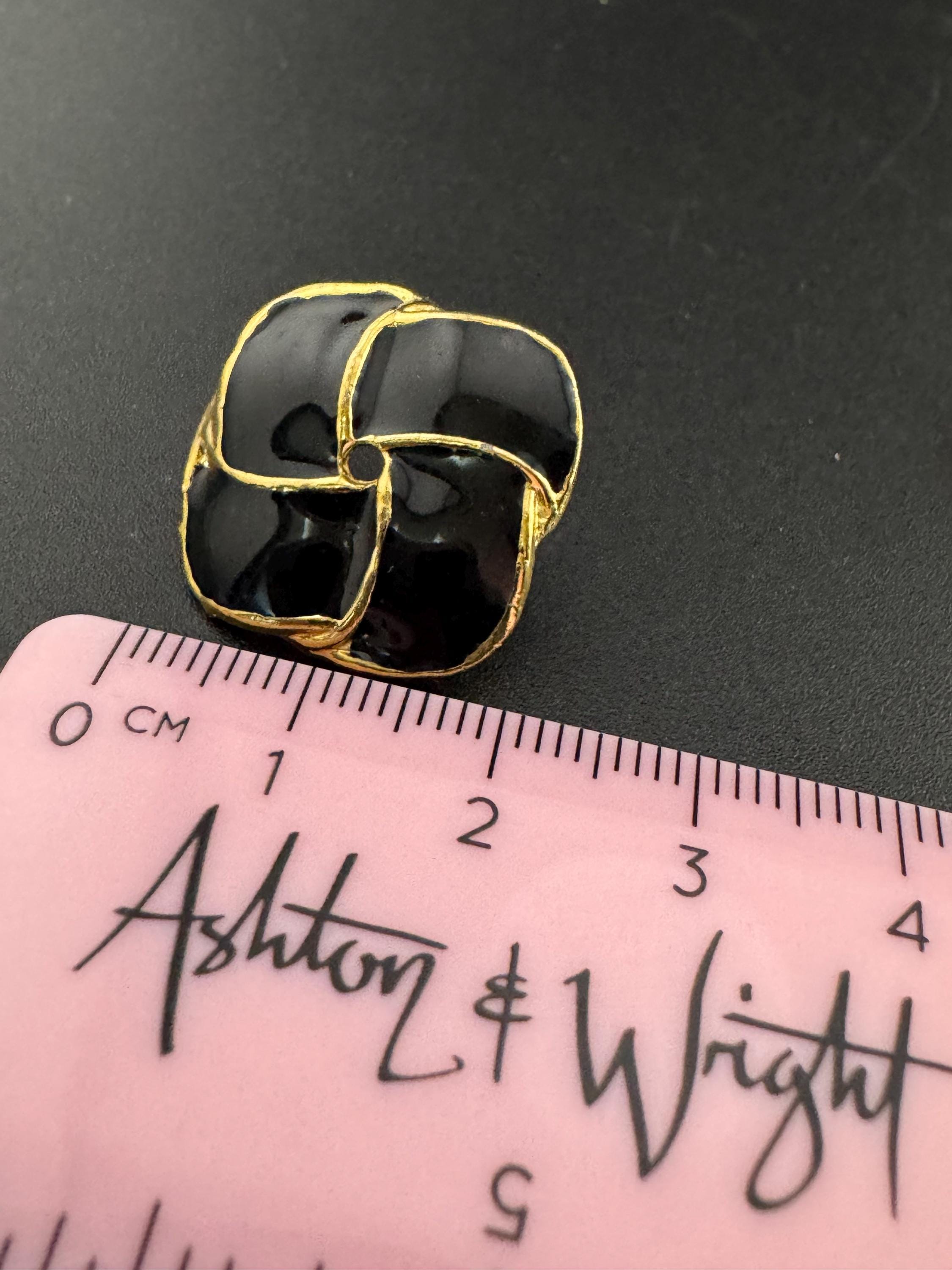 Vintage Gold tone Black enamel pair square shaped stud earrings pierced, statement power dress 80s 90s