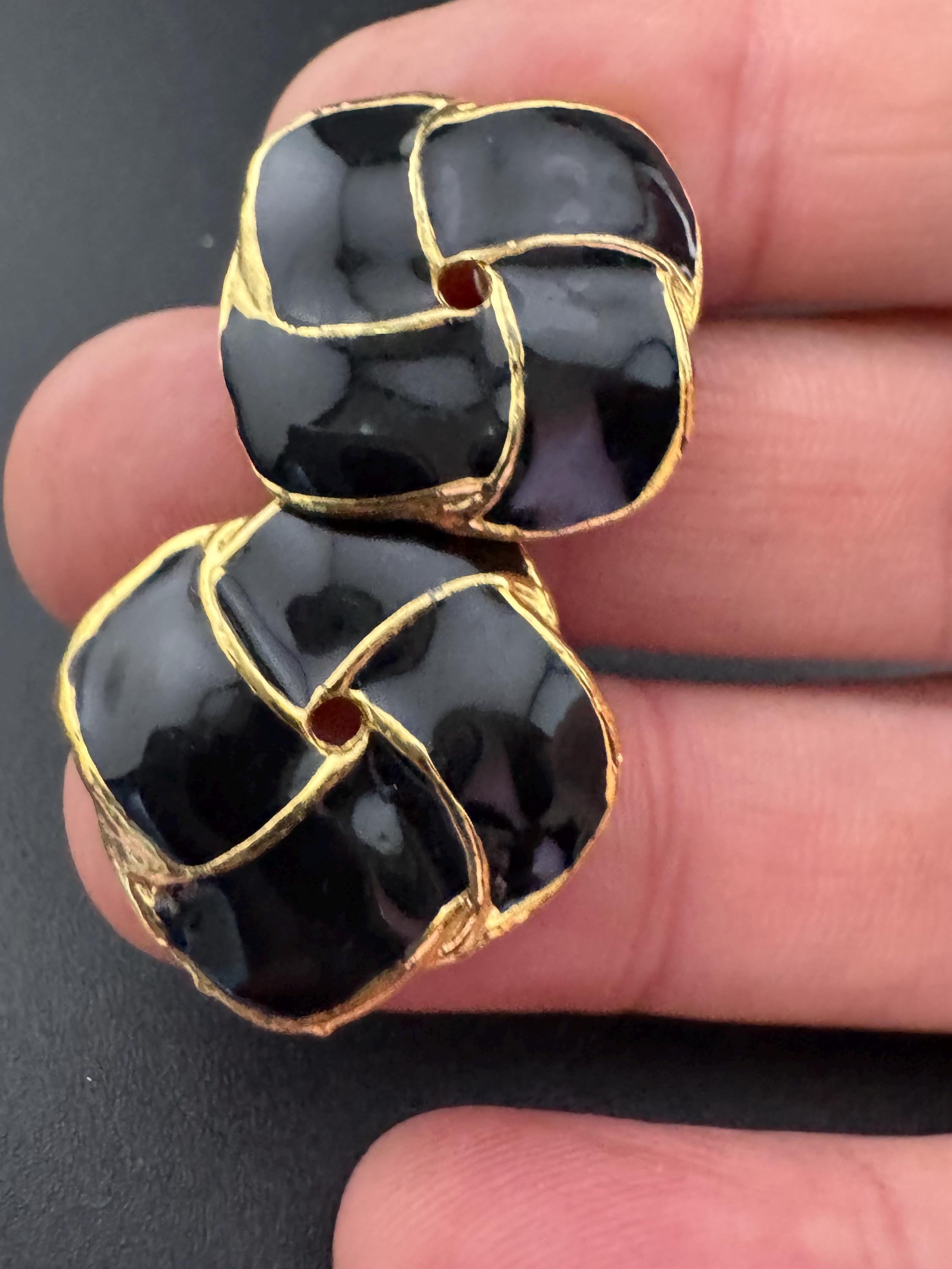 Vintage Gold tone Black enamel pair square shaped stud earrings pierced, statement power dress 80s 90s