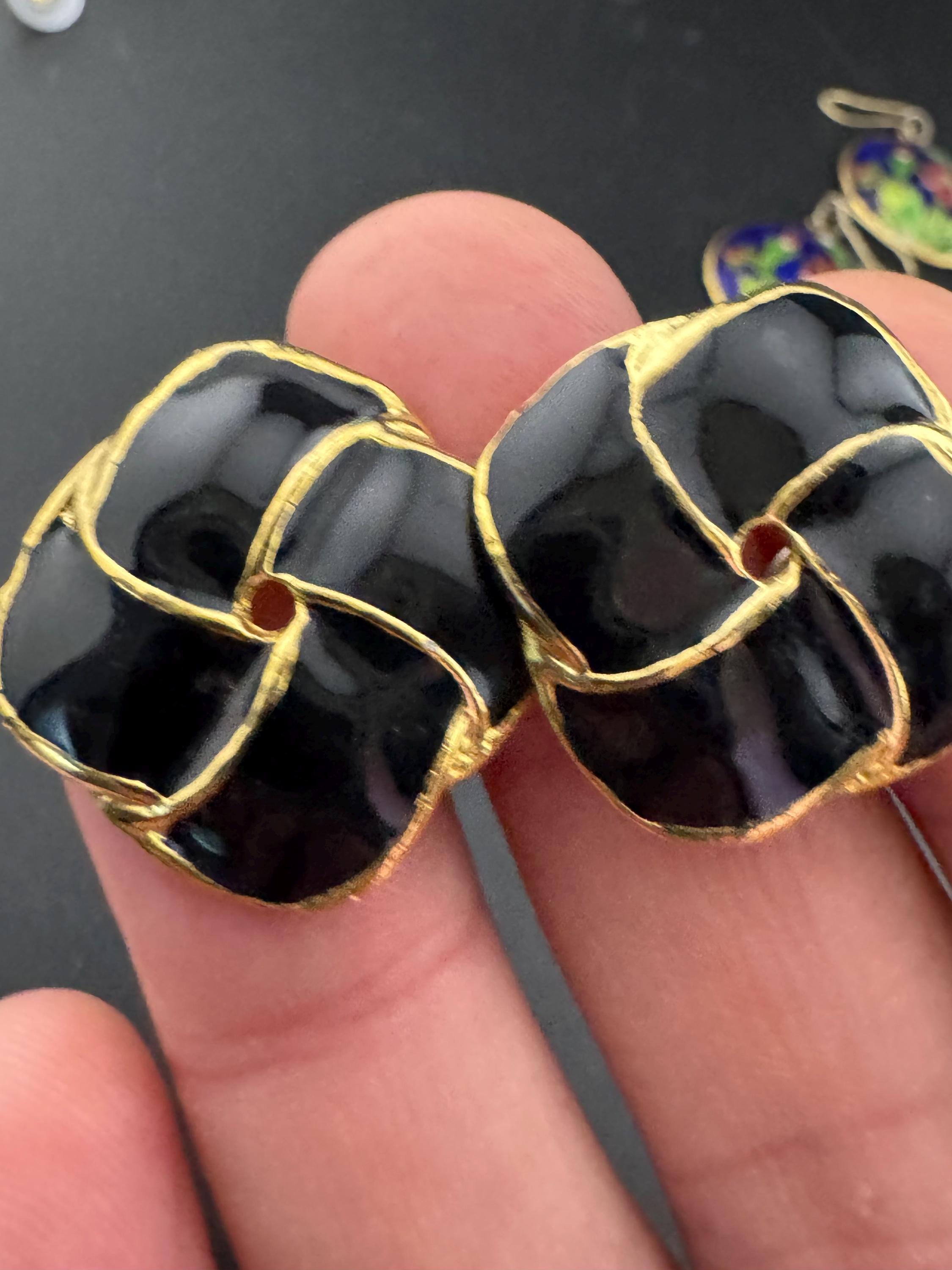Vintage Gold tone Black enamel pair square shaped stud earrings pierced, statement power dress 80s 90s
