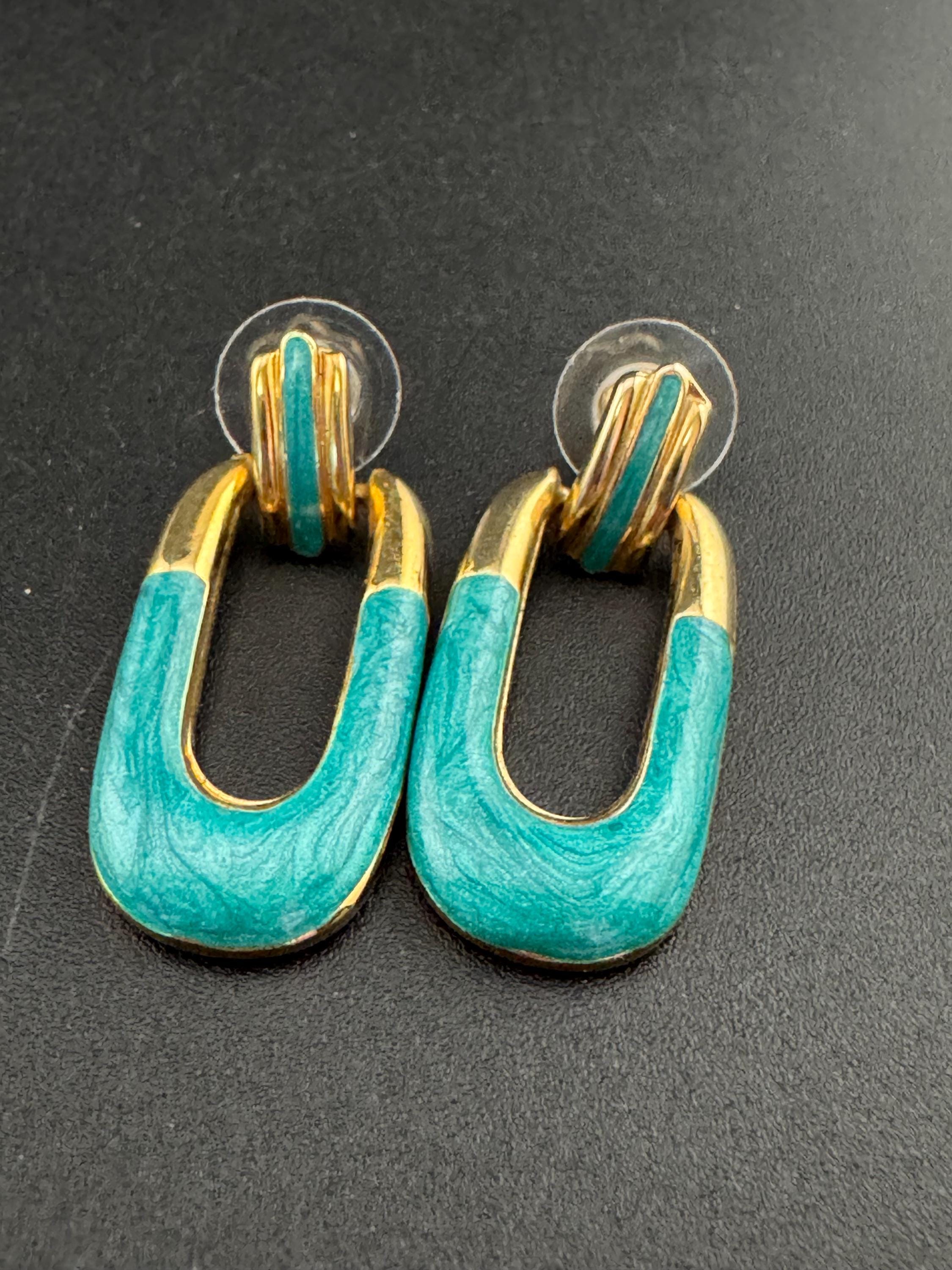 Vintage 1980s Turquoise Enamel Door Knocker Earrings