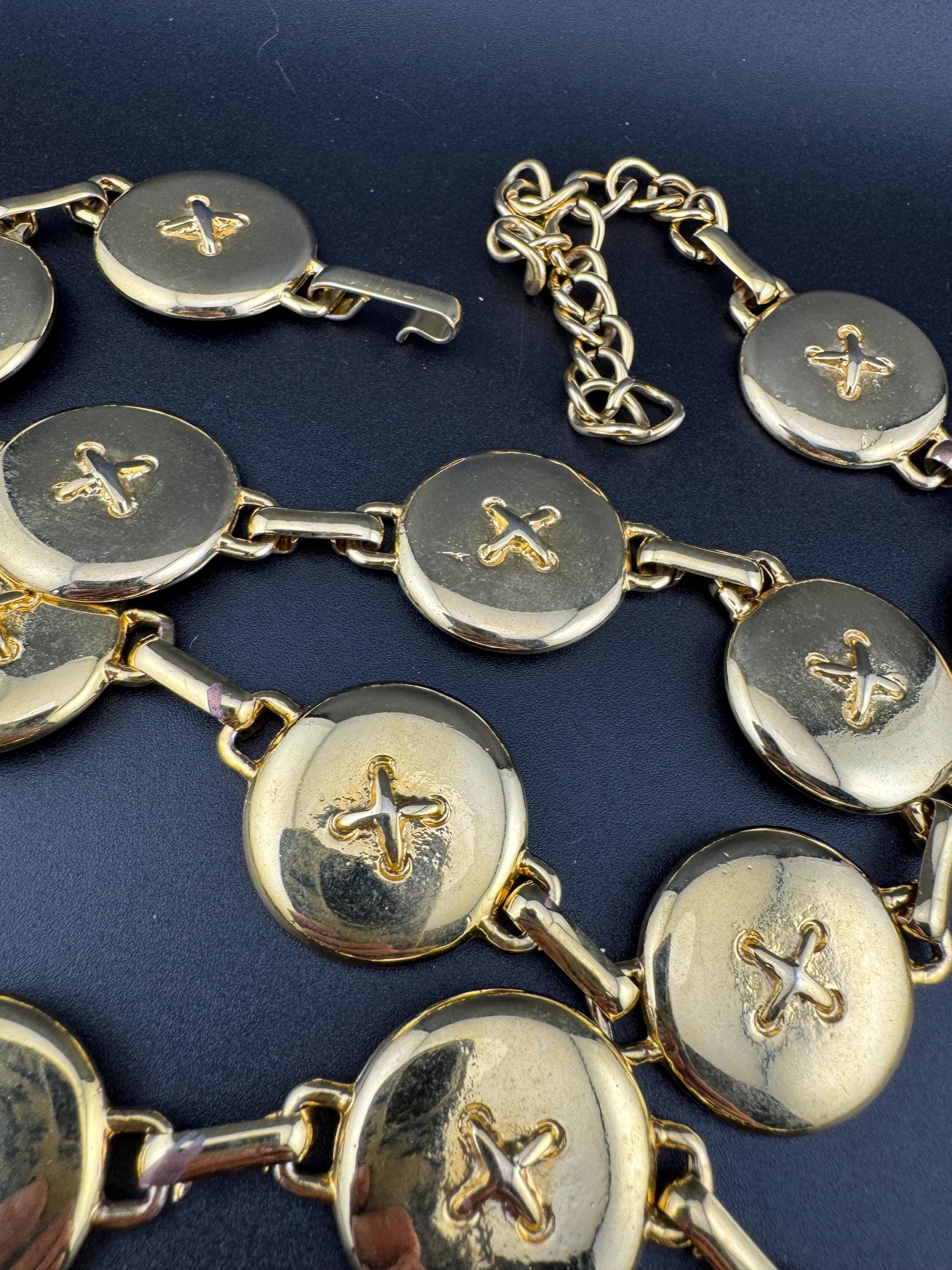 Retro weighty gold tone round button disc rings chain link belt 81-94cm