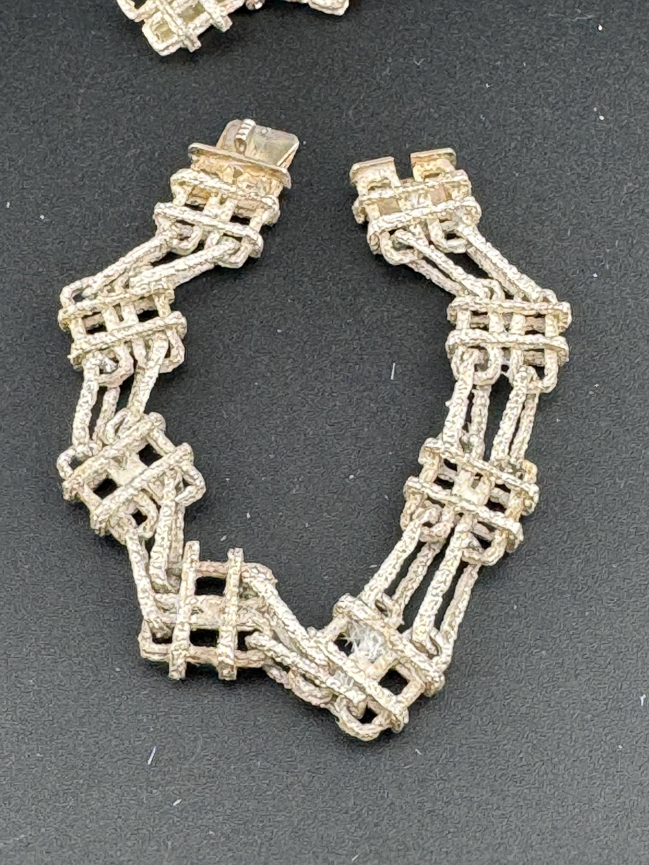 Vintage Sterling Silver Bark Textured Bracelet and Clip-On Earrings Set
