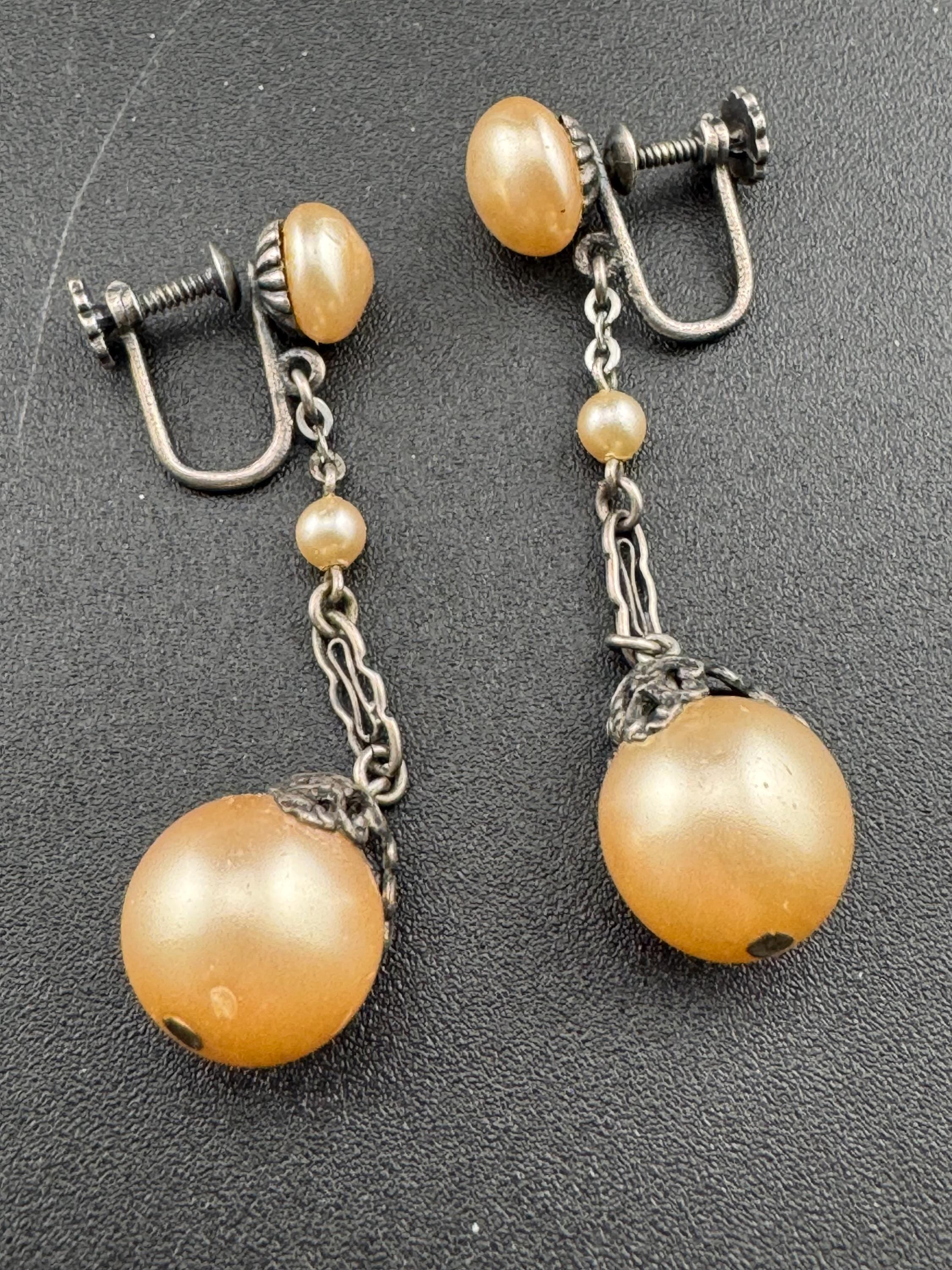 French Antique Art Deco Faux Pearl Sterling Silver Drop Earrings