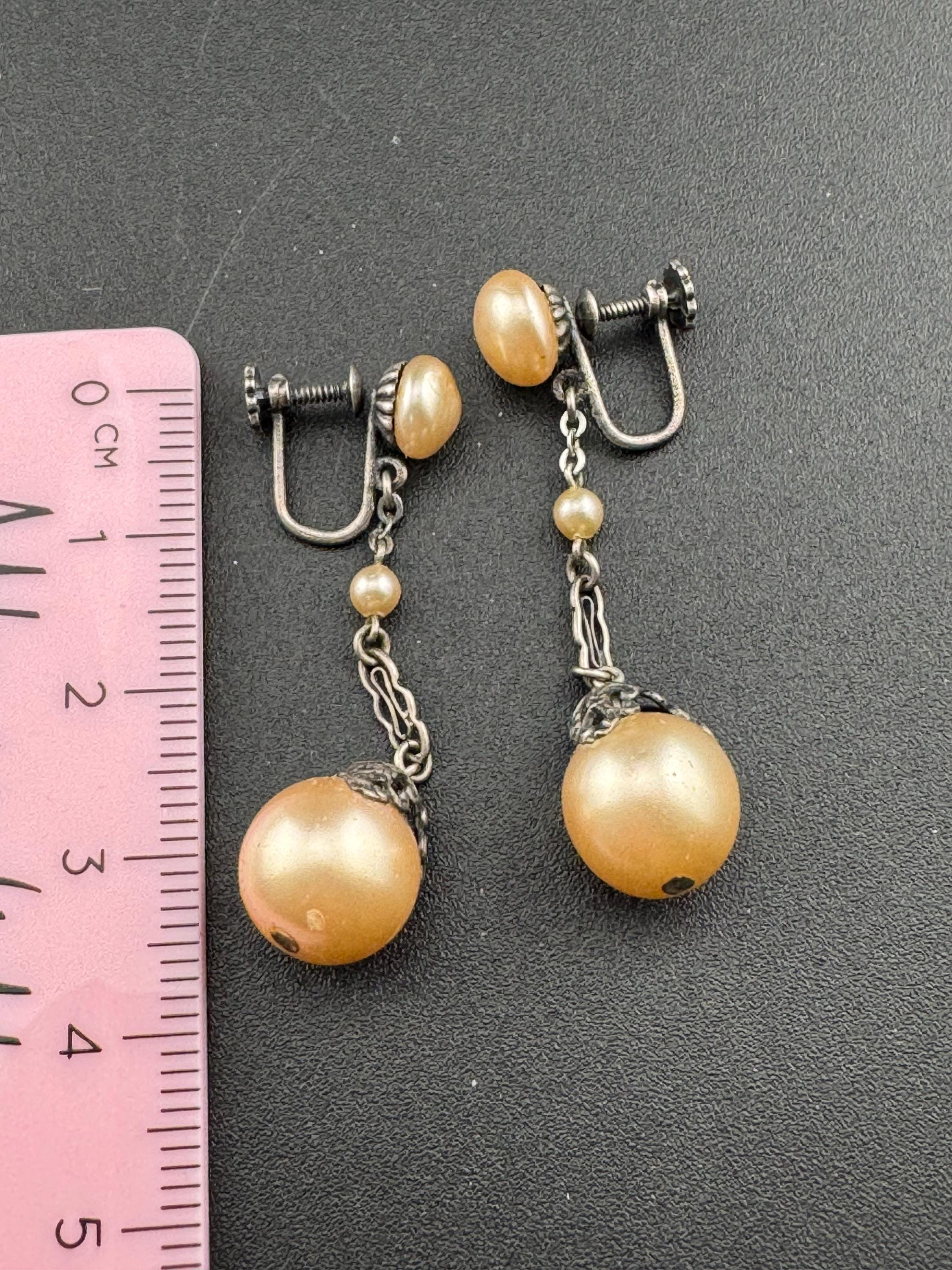 French Antique Art Deco Faux Pearl Sterling Silver Drop Earrings