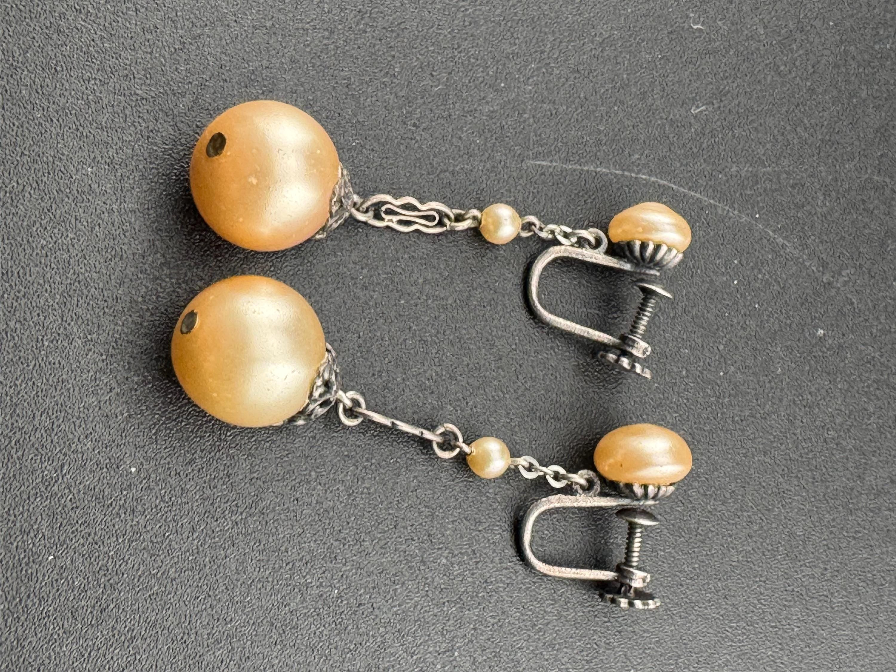 French Antique Art Deco Faux Pearl Sterling Silver Drop Earrings