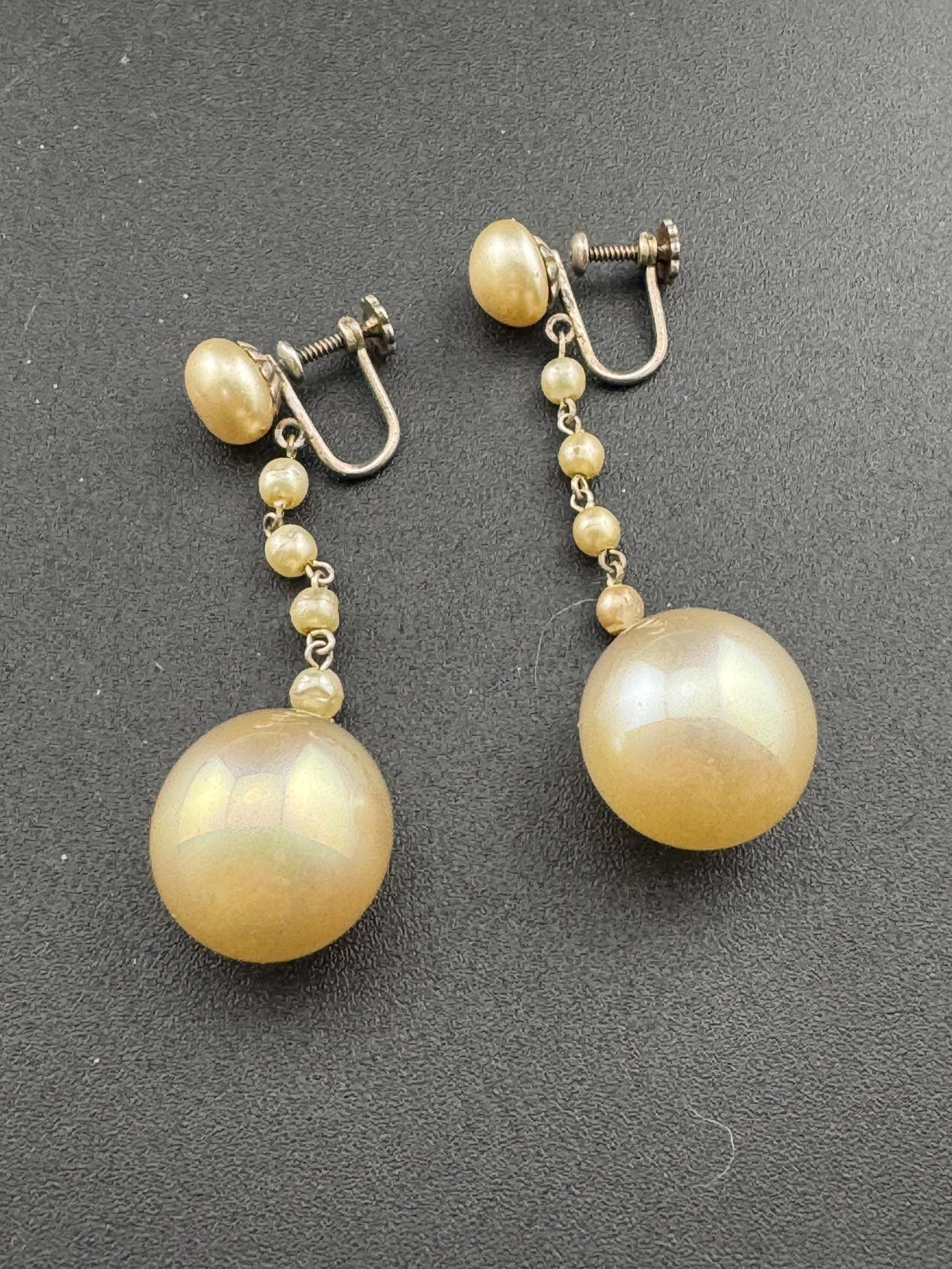 French Antique Vintage Sterling 925 Silver Art Deco faux pearl long Drop Clip on screw back Earrings, Bridal Wedding Party Prom