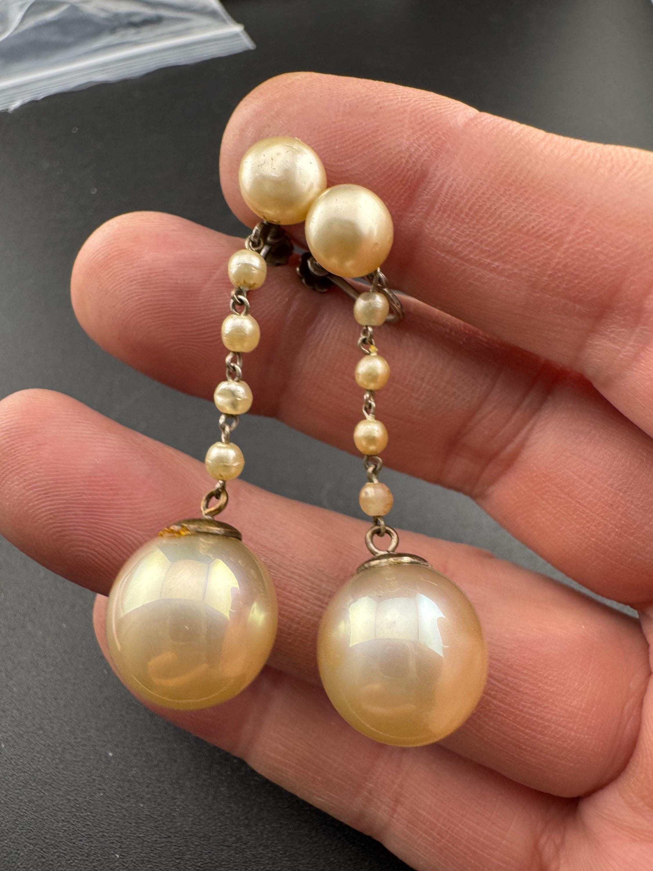 French Antique Vintage Sterling 925 Silver Art Deco faux pearl long Drop Clip on screw back Earrings, Bridal Wedding Party Prom
