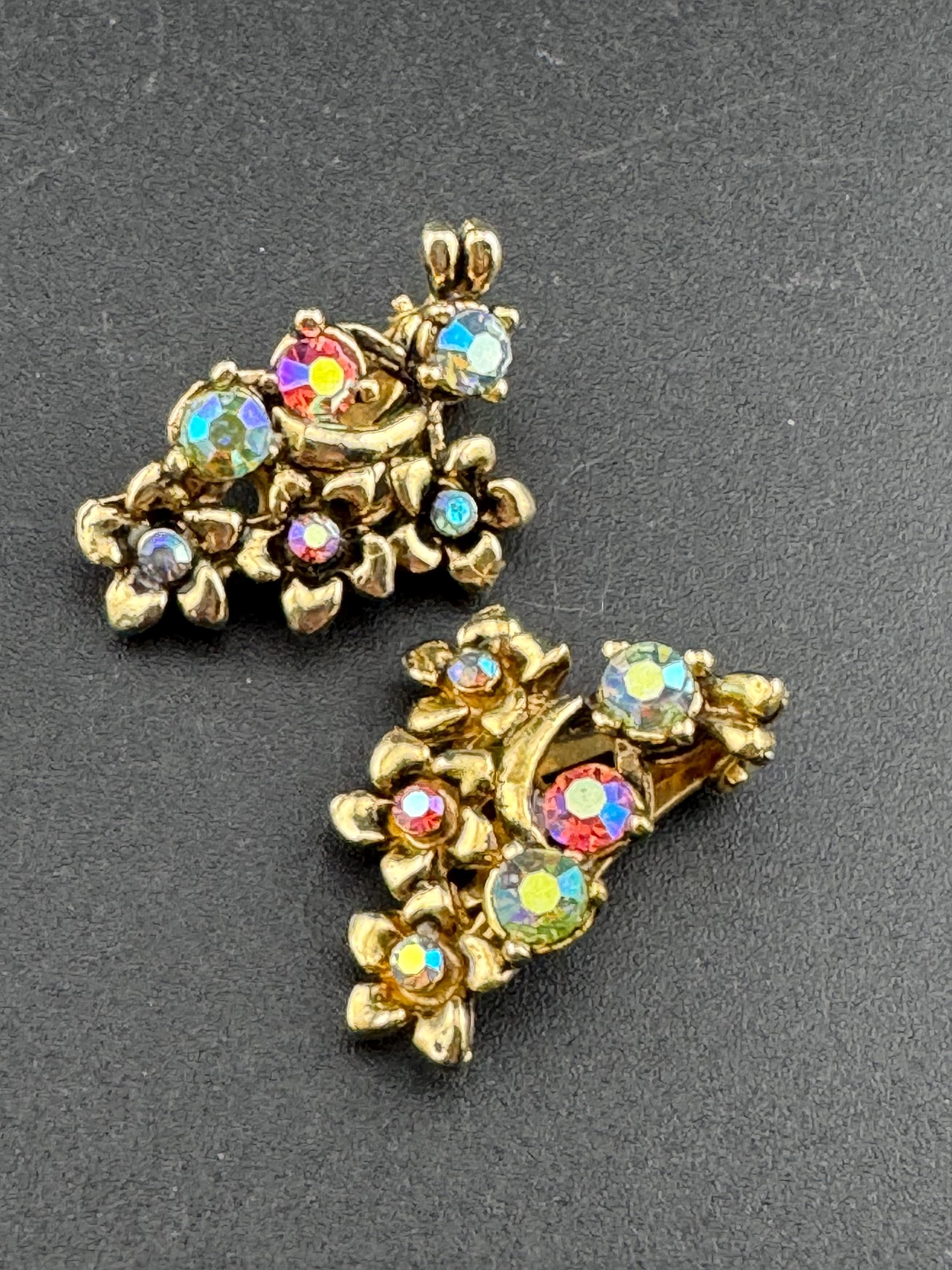 vintage Blue pink AB aurora borealis glass rhinestone diamante Enamel Clip on earrings