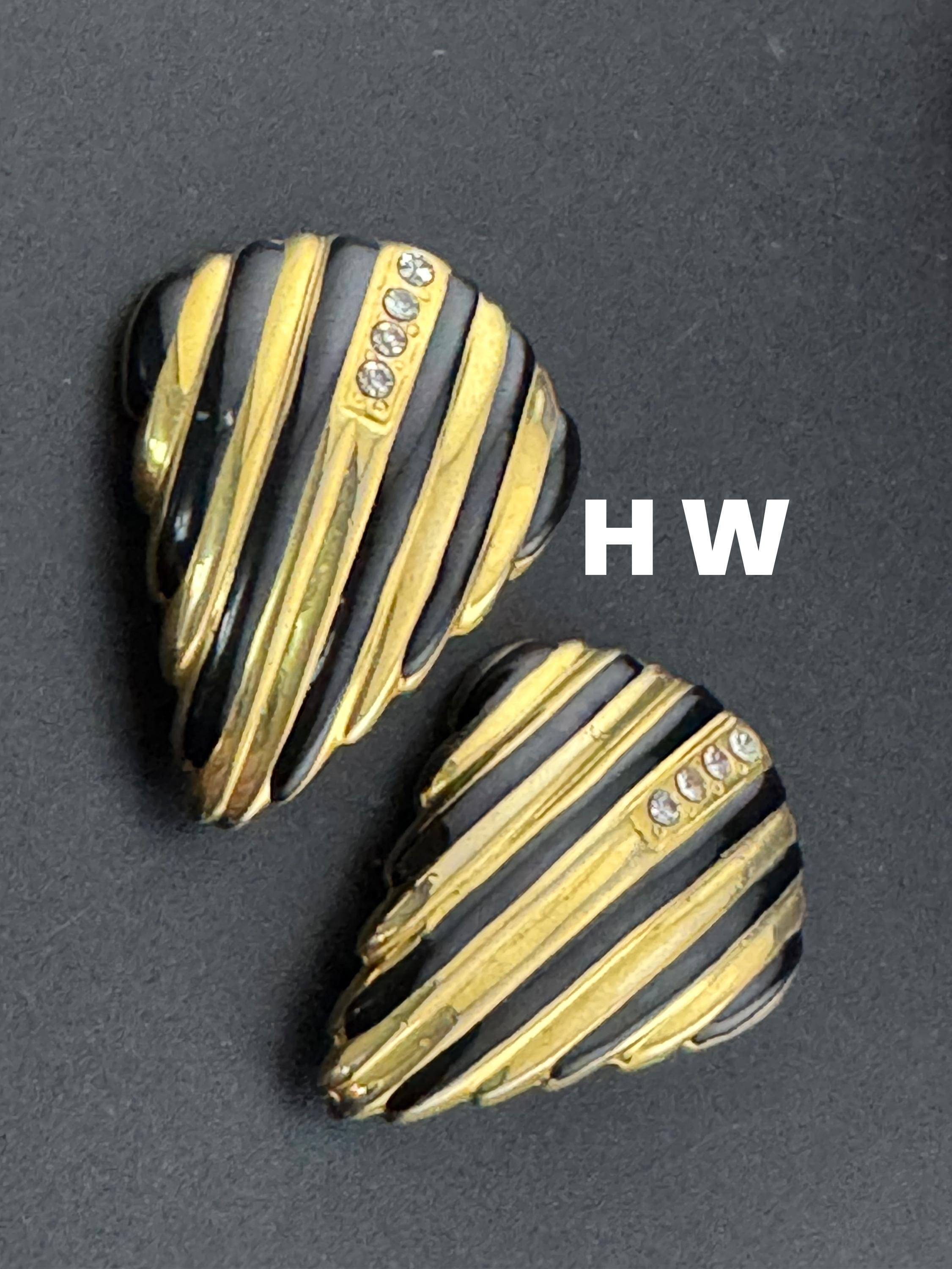 Blavk enamel Earrings: Gold Tone vintage Rhinestone Clip