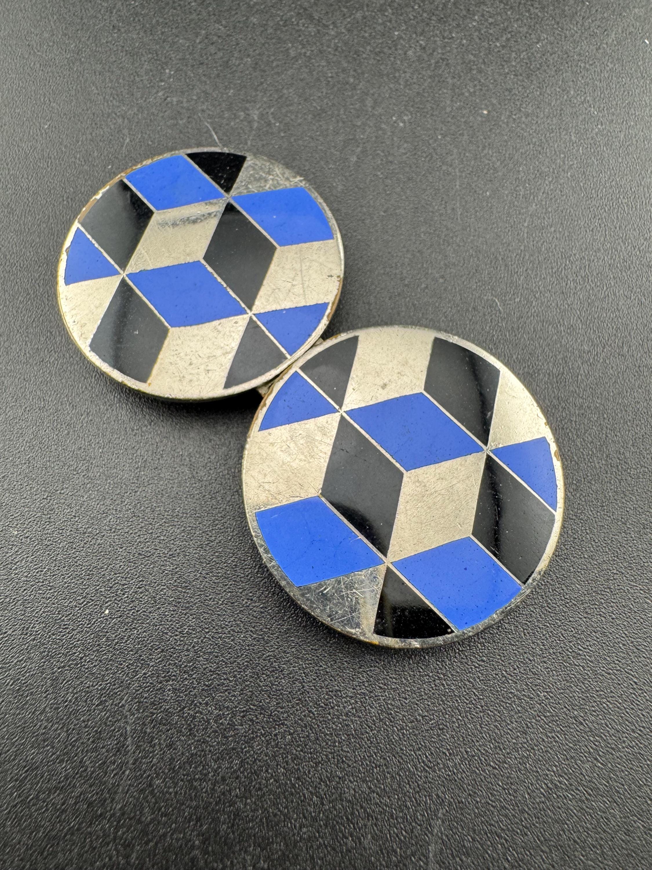 Vintage Art Deco Enamel Belt Buckle: Black, Blue & Silver Geometric Czech Haberdashery