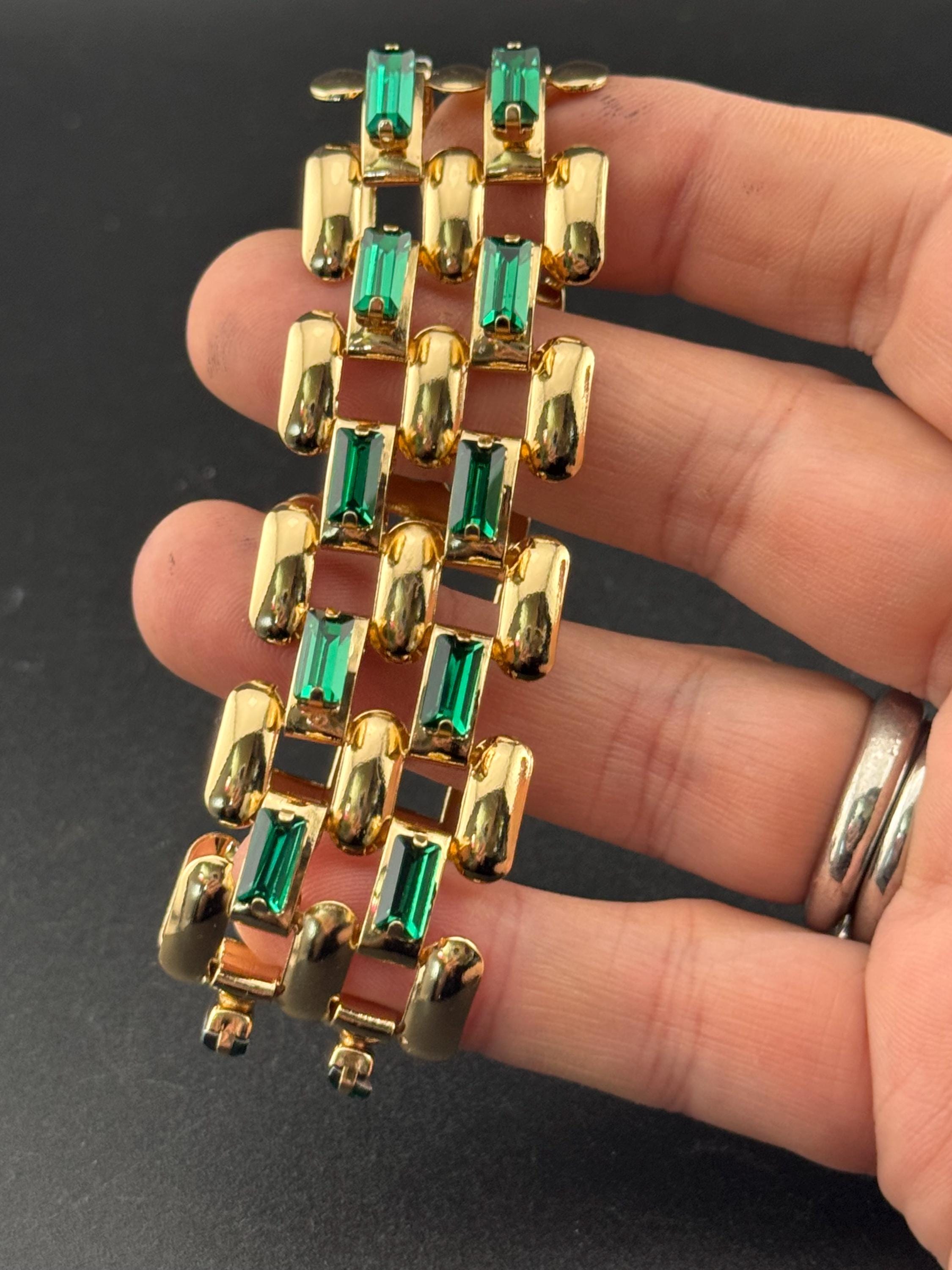 Wide lightweight aluminium Flat brick panther link gold tone bracelet with emerald baguette glass rhinestones