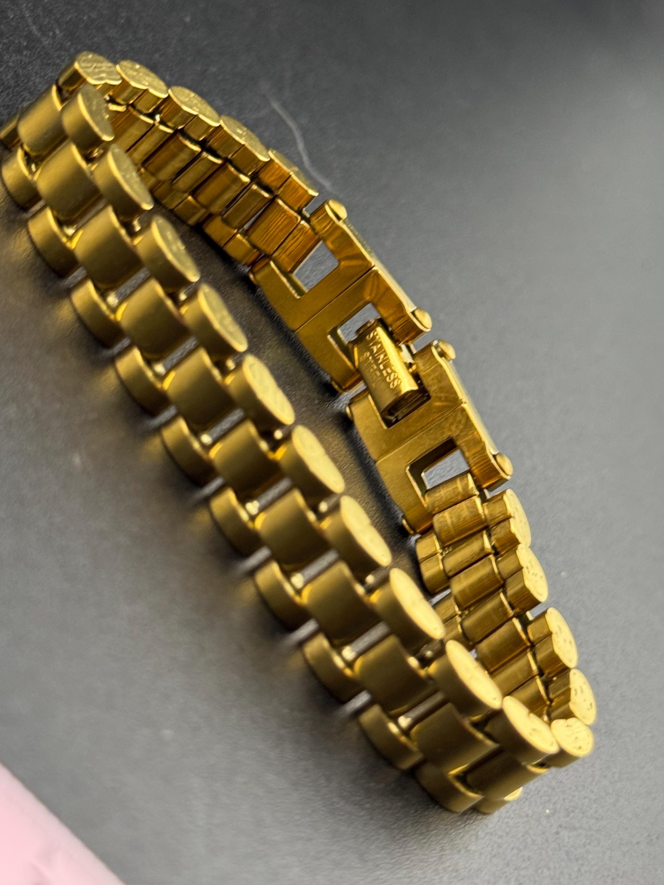 Petite slim wrist women’s 1980s gold tone geometric panther brick chain link bracelet 16.5cm