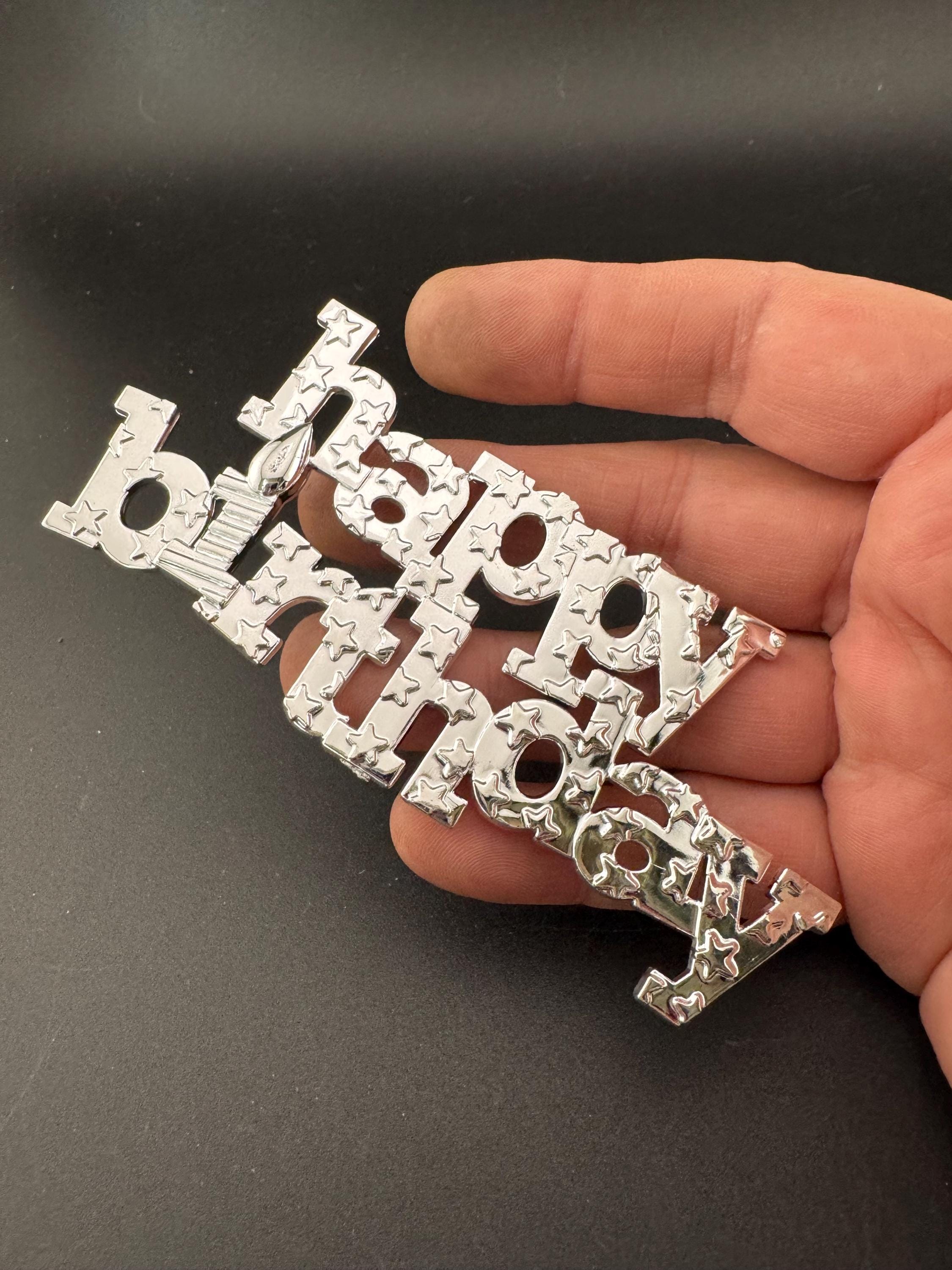 Vintage Happy Birthday Cake Decoration Silver Topper flat back stars celebration cake