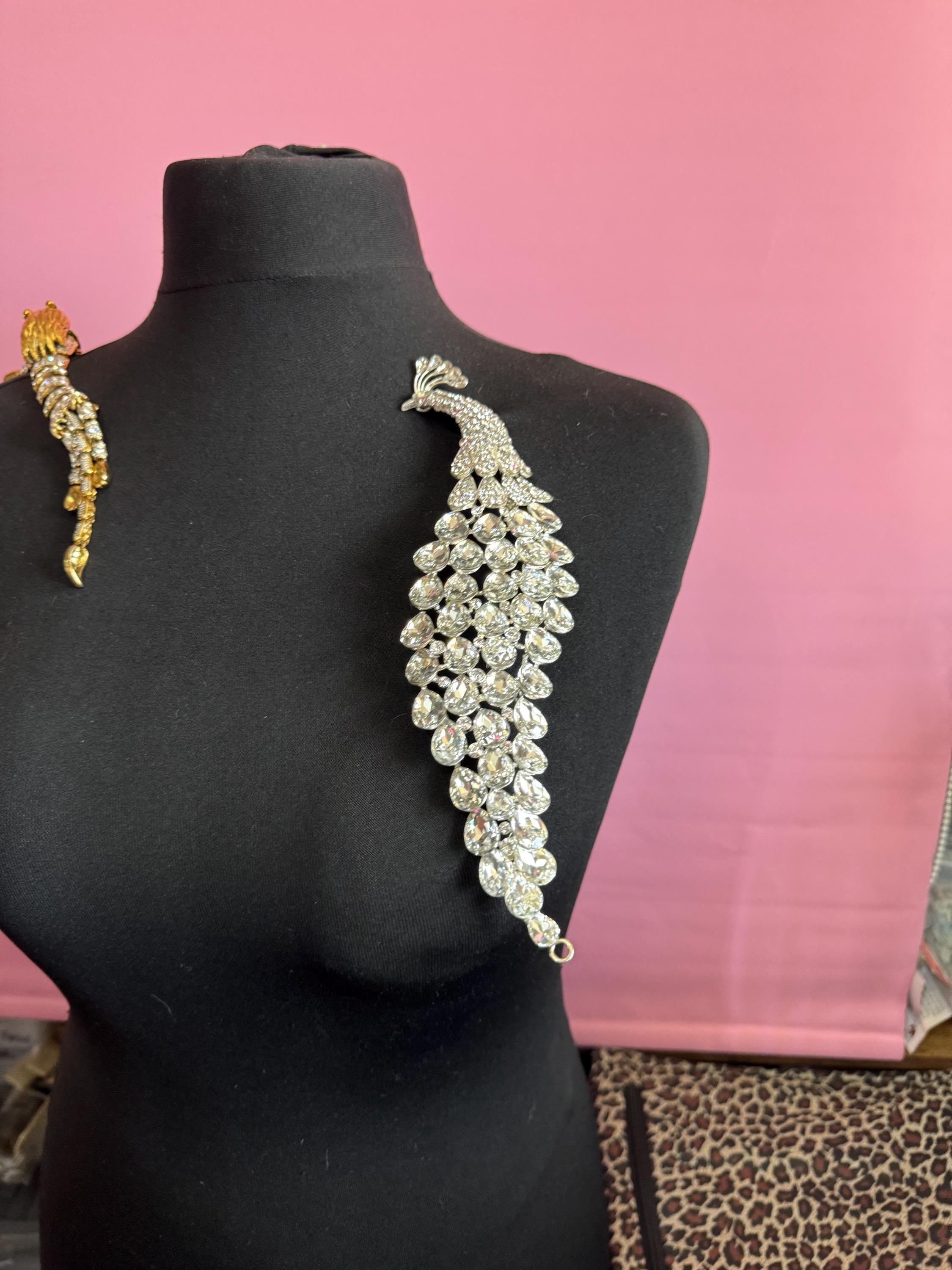 Massive 25cm oversized Tropical Parrot brooch set with clear Paste diamanté double pins