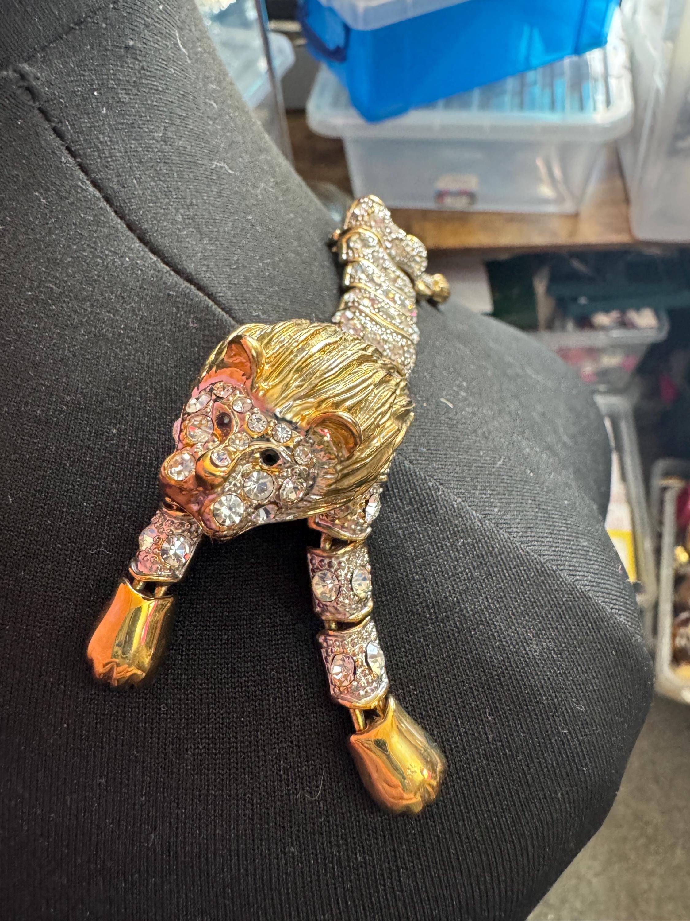 Oversized Gold Plated Diamanté Lion Brooch: Articulated Big Cat Jewelry
