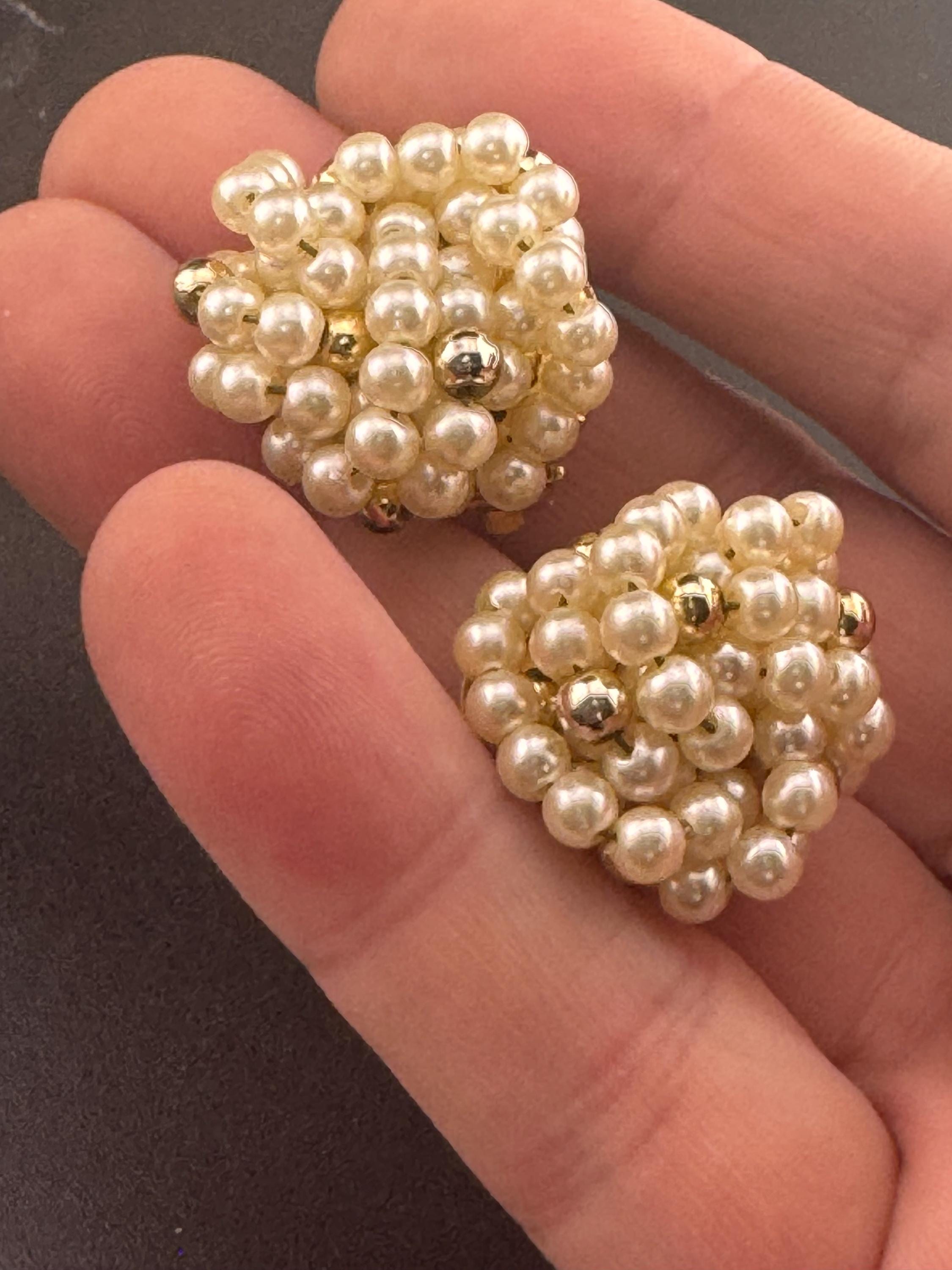 Vintage Cream Seed Bead Cluster Clip On Earrings