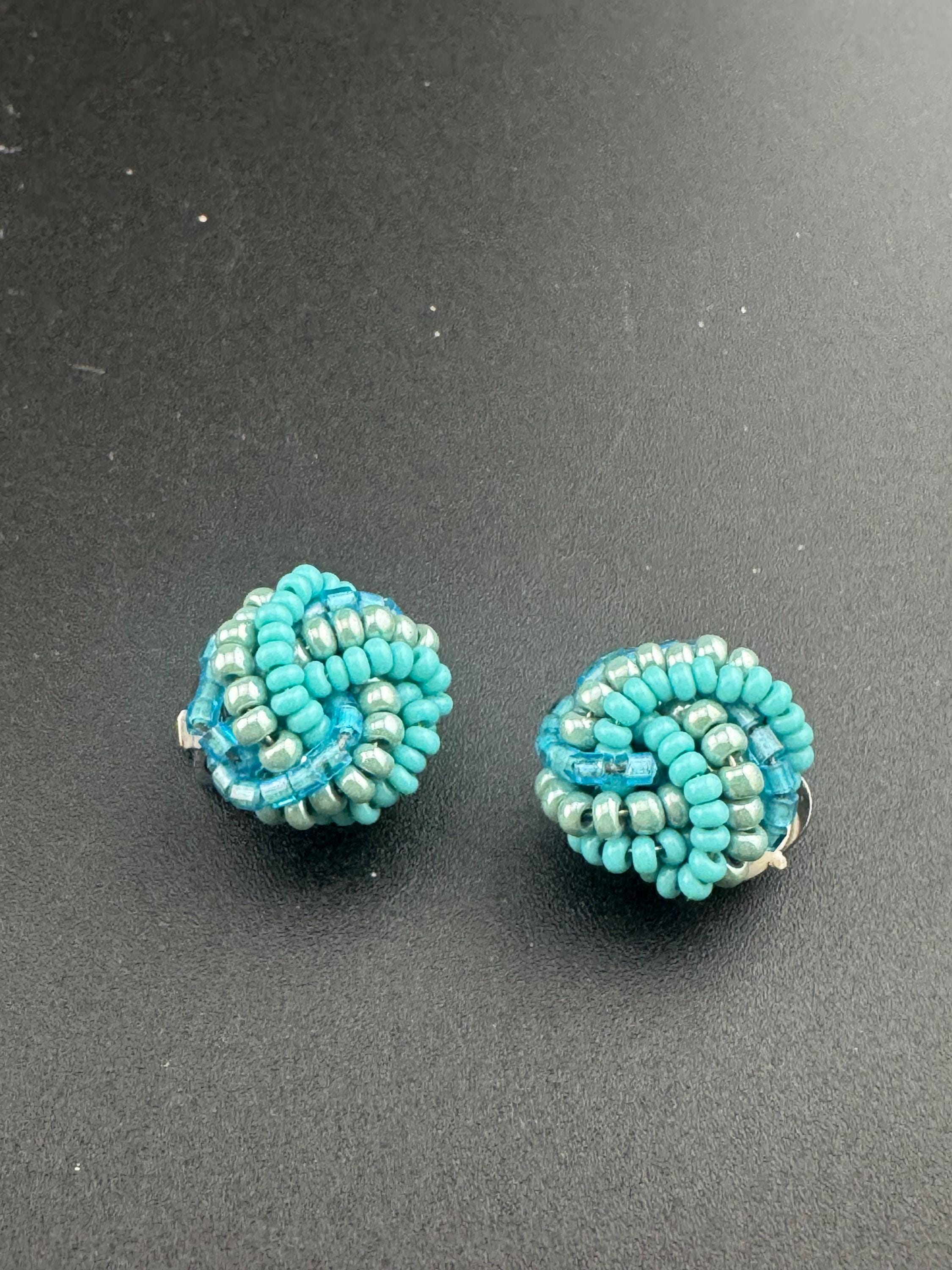 ice blue Cluster Clip On Earrings, seed beaded KNOT