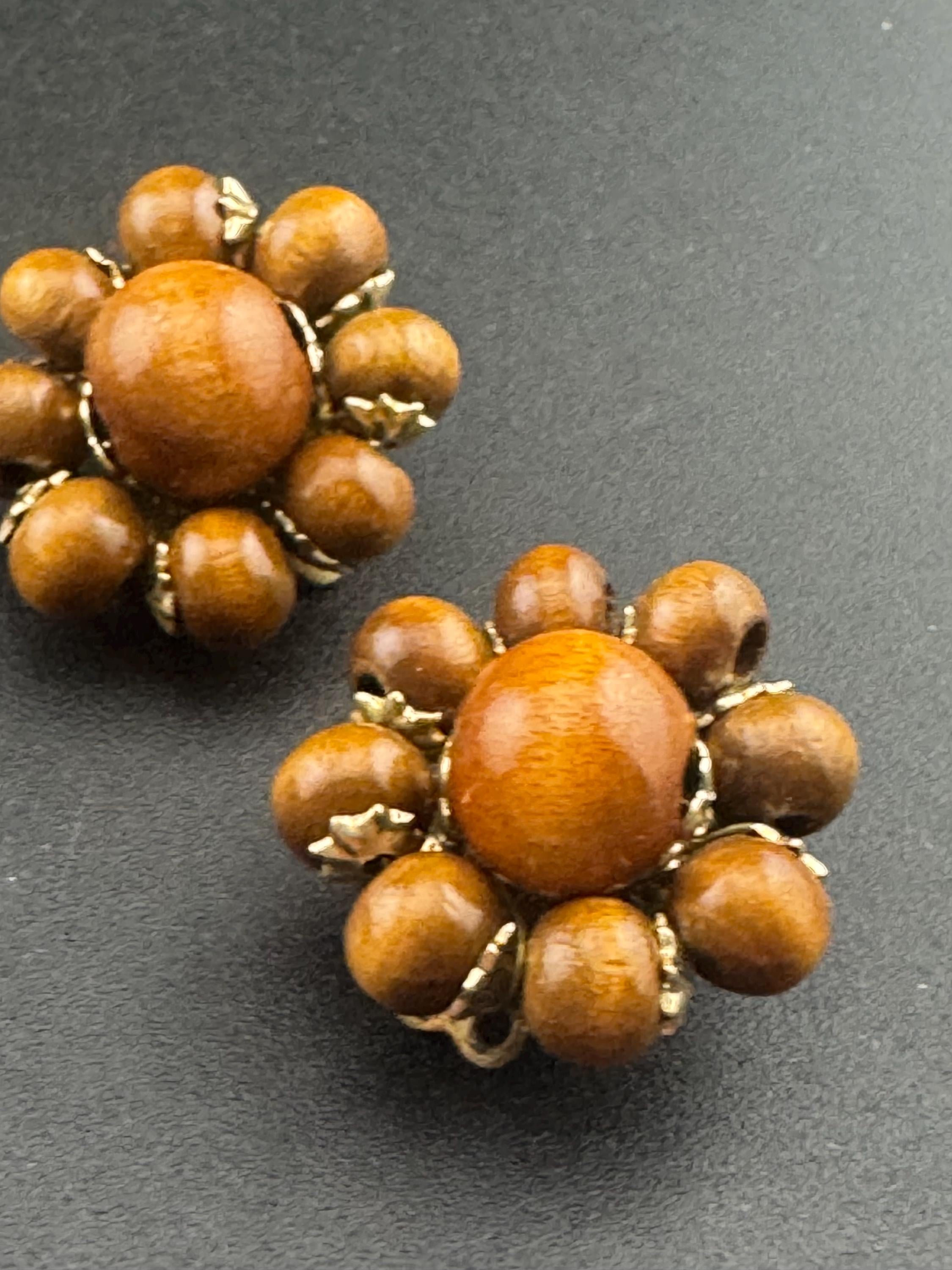 Vintage natural wooden round brown beaded cluster earrings