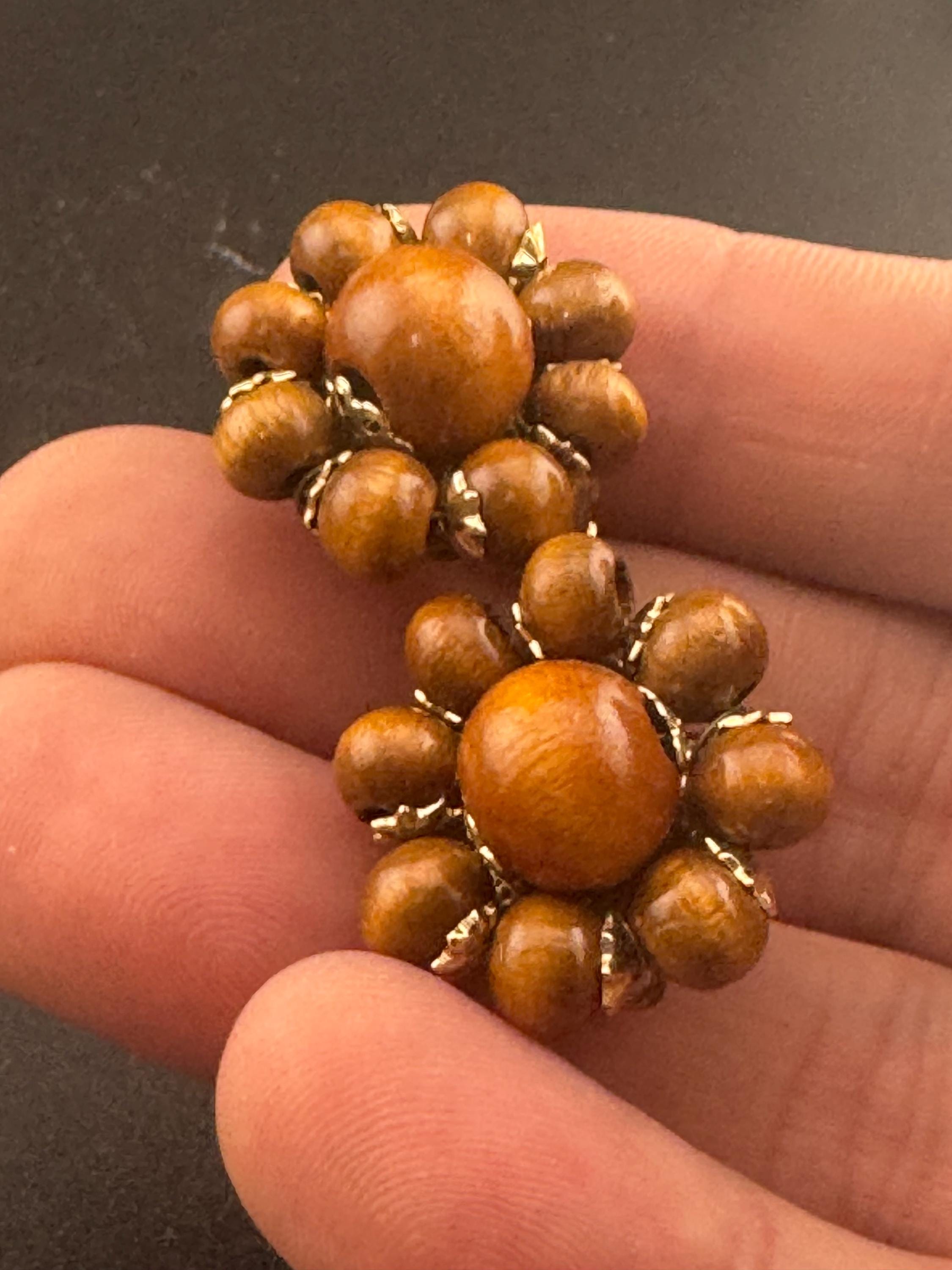 Vintage natural wooden round brown beaded cluster earrings