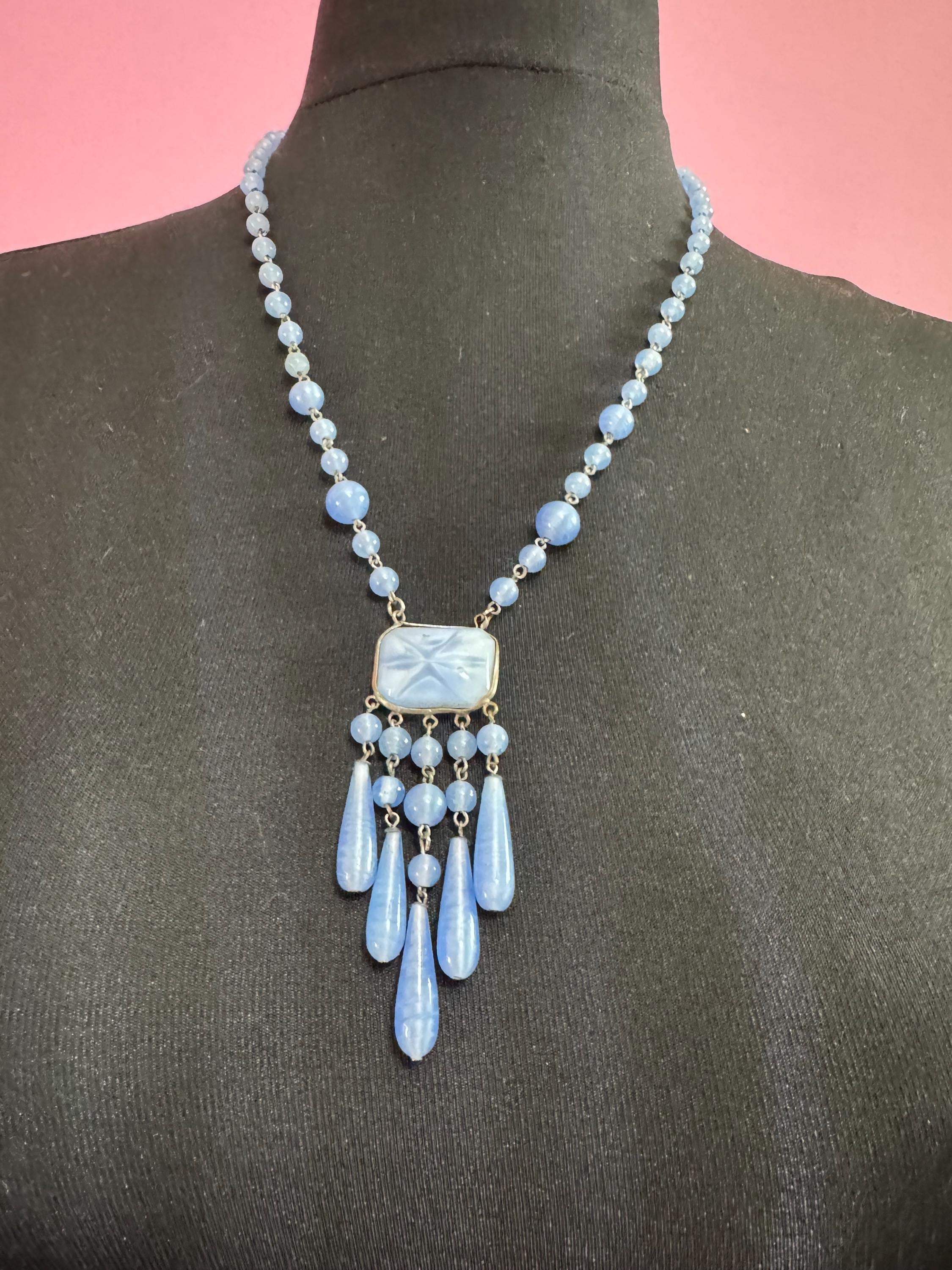 antique Czech glass powder blue satin glass lariat drop beaded necklace