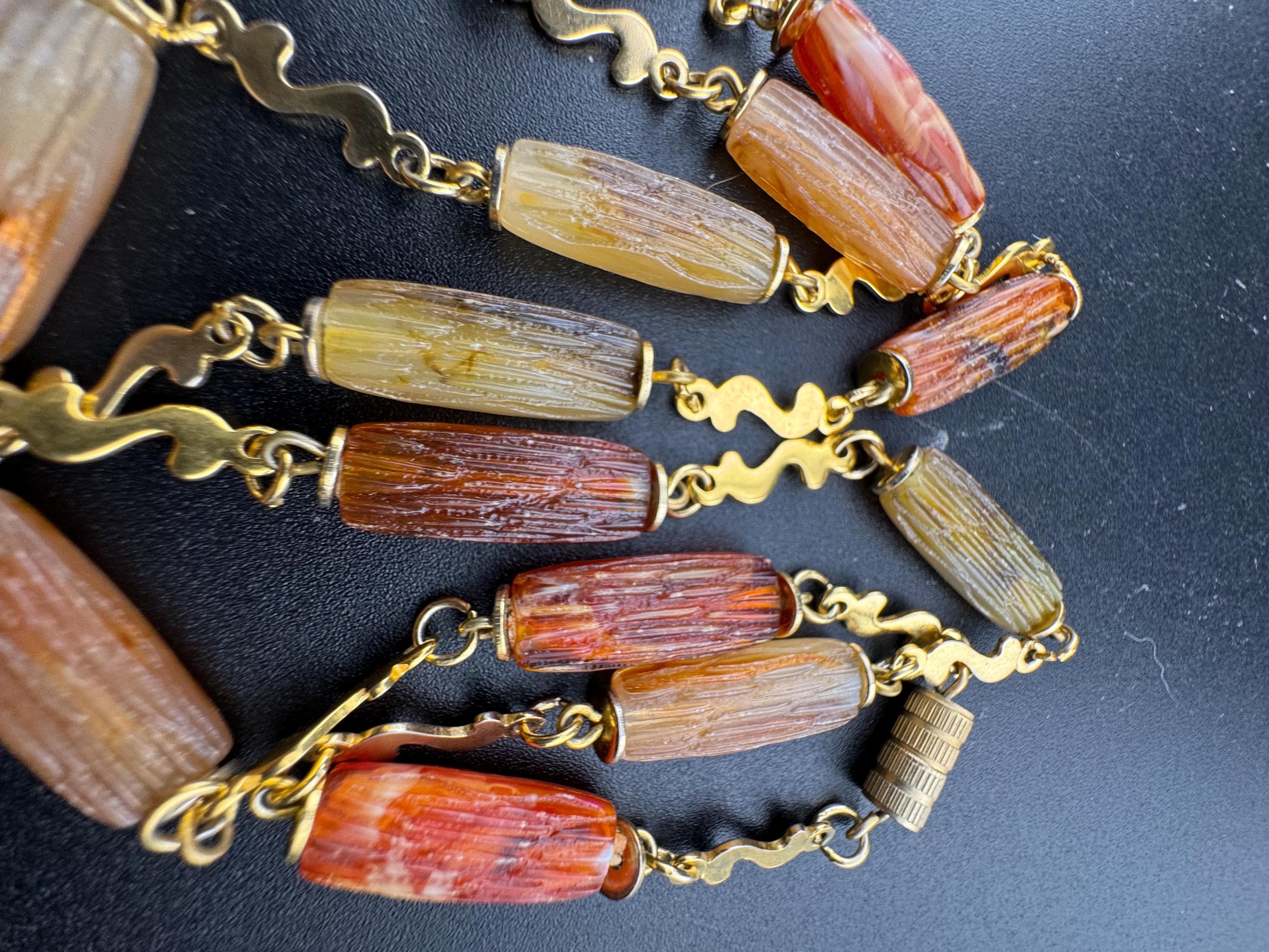 64cm long gold tone brown beige plastic faux bark beaded station necklace 1960s