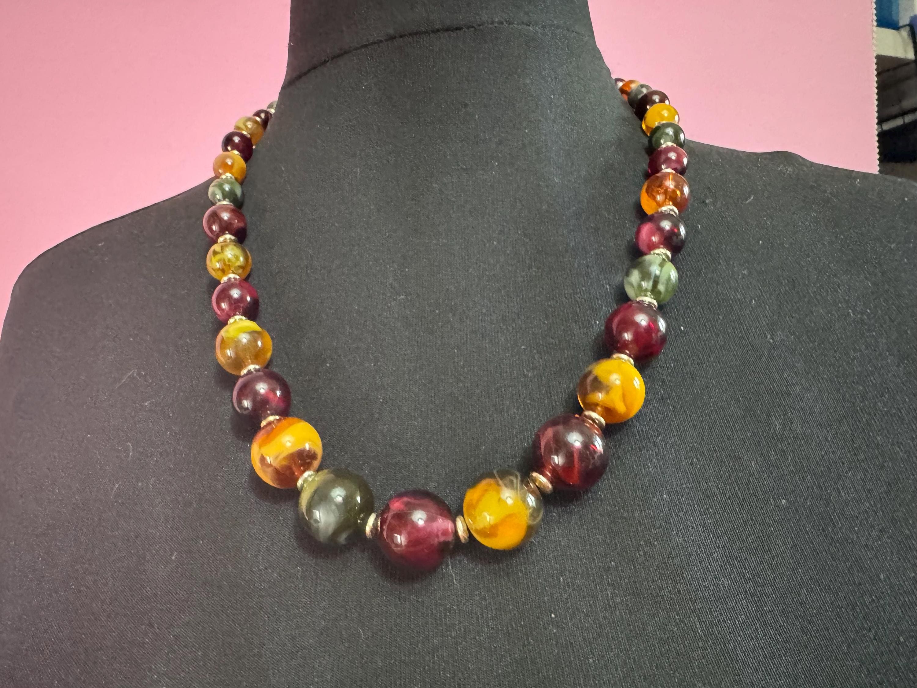 Genuine lucite vintage round brown green orange beaded long necklace 61cm