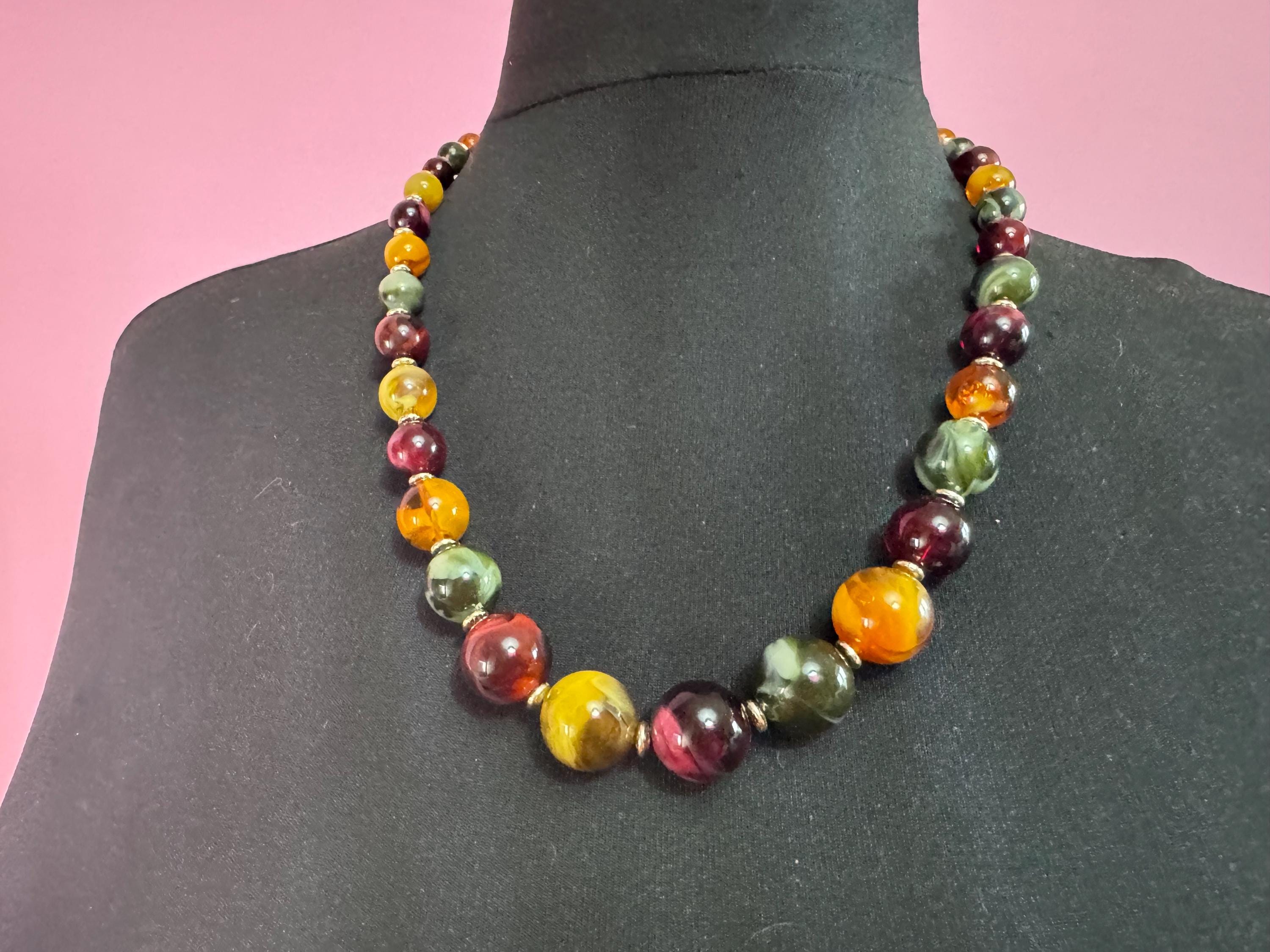 Genuine lucite with tag vintage round brown green orange beaded long necklace 62cm