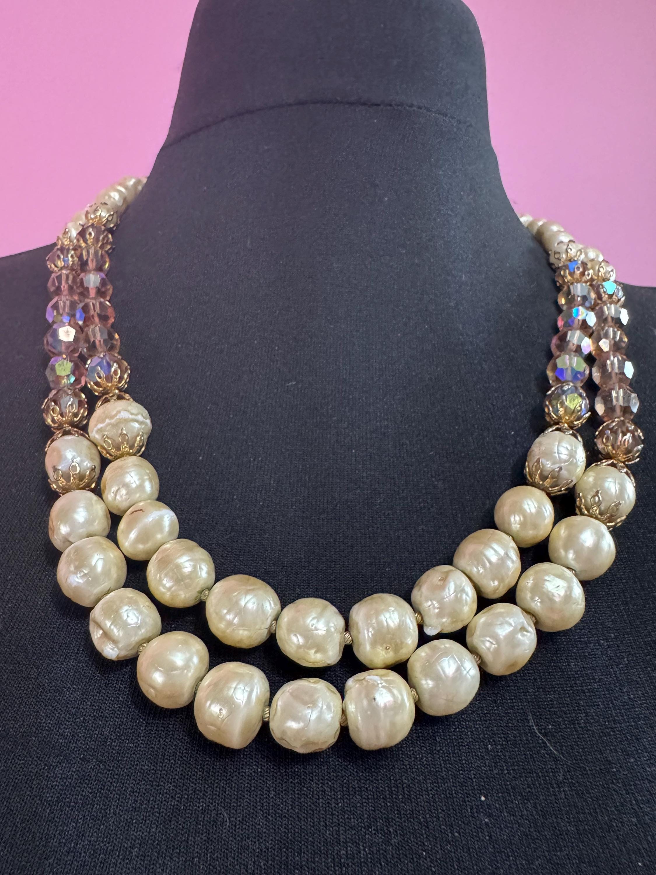 Signed Vendome Vintage Pearl & Topaz Bead Multistrand Necklace