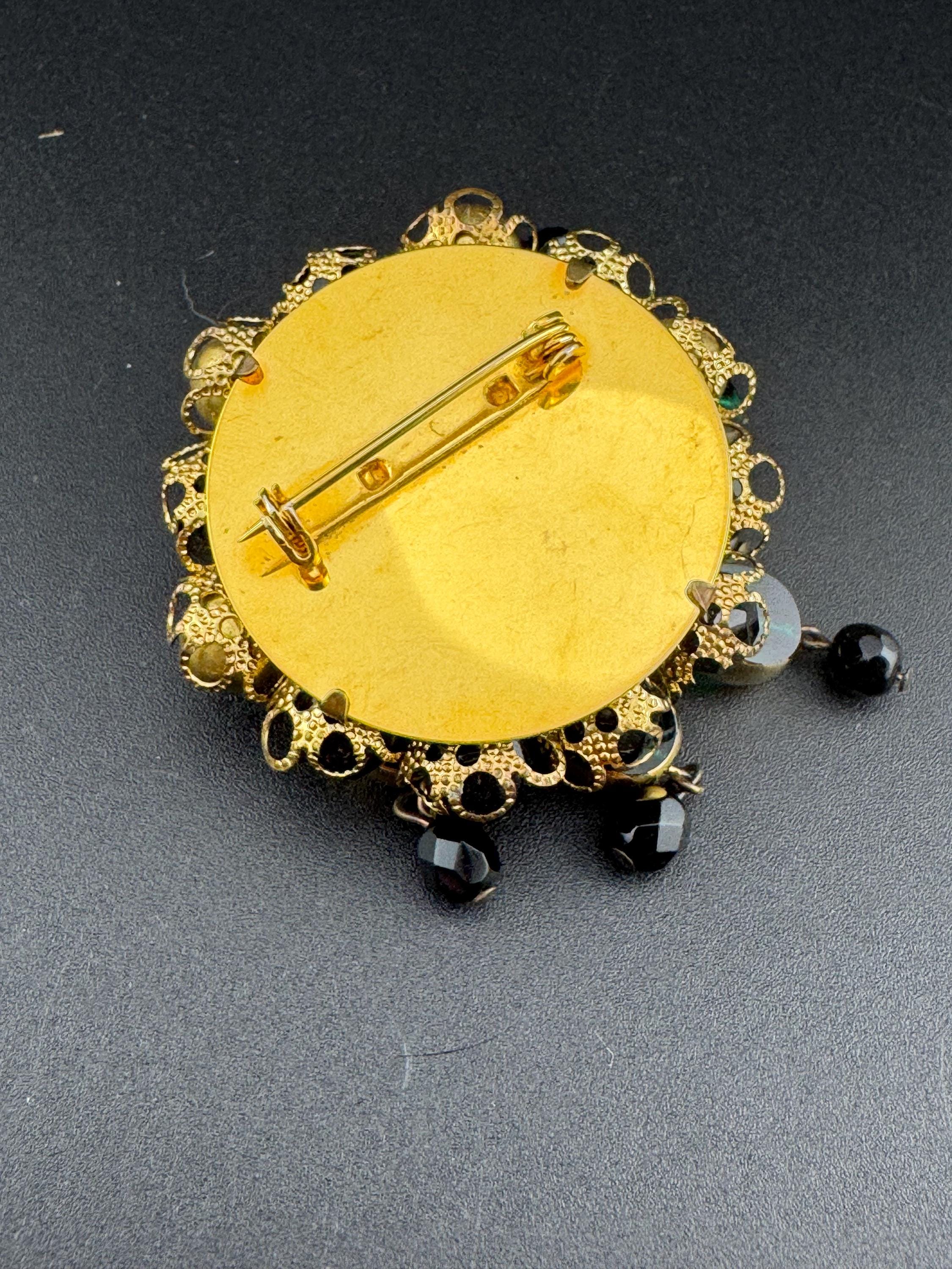 XL Vintage Gold Tone emerald Green and black glass beads beaded waterfall cascade Brooch Large ideal for coat