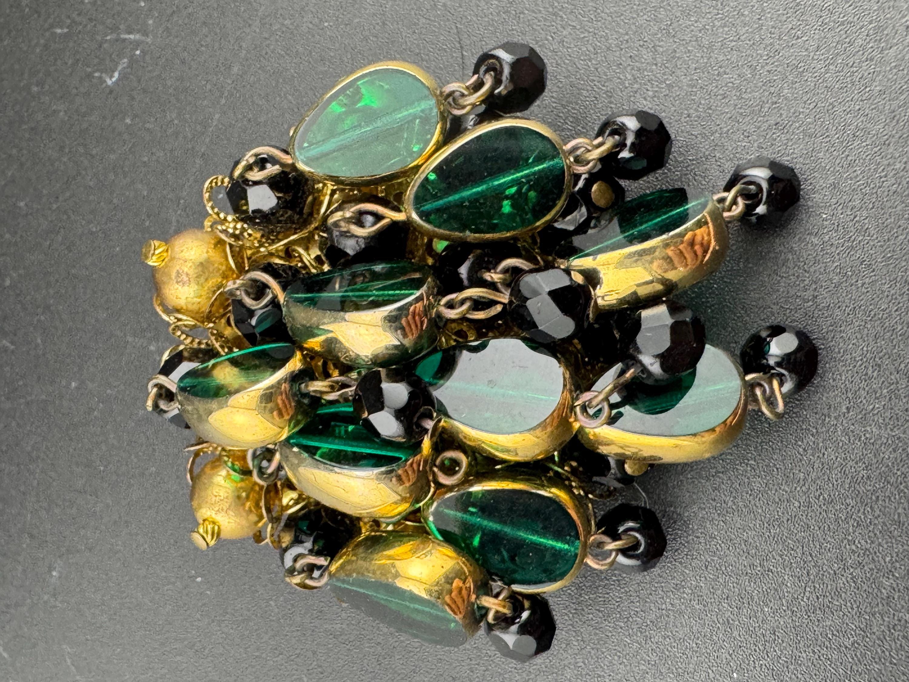 XL Vintage Gold Tone emerald Green and black glass beads beaded waterfall cascade Brooch Large ideal for coat