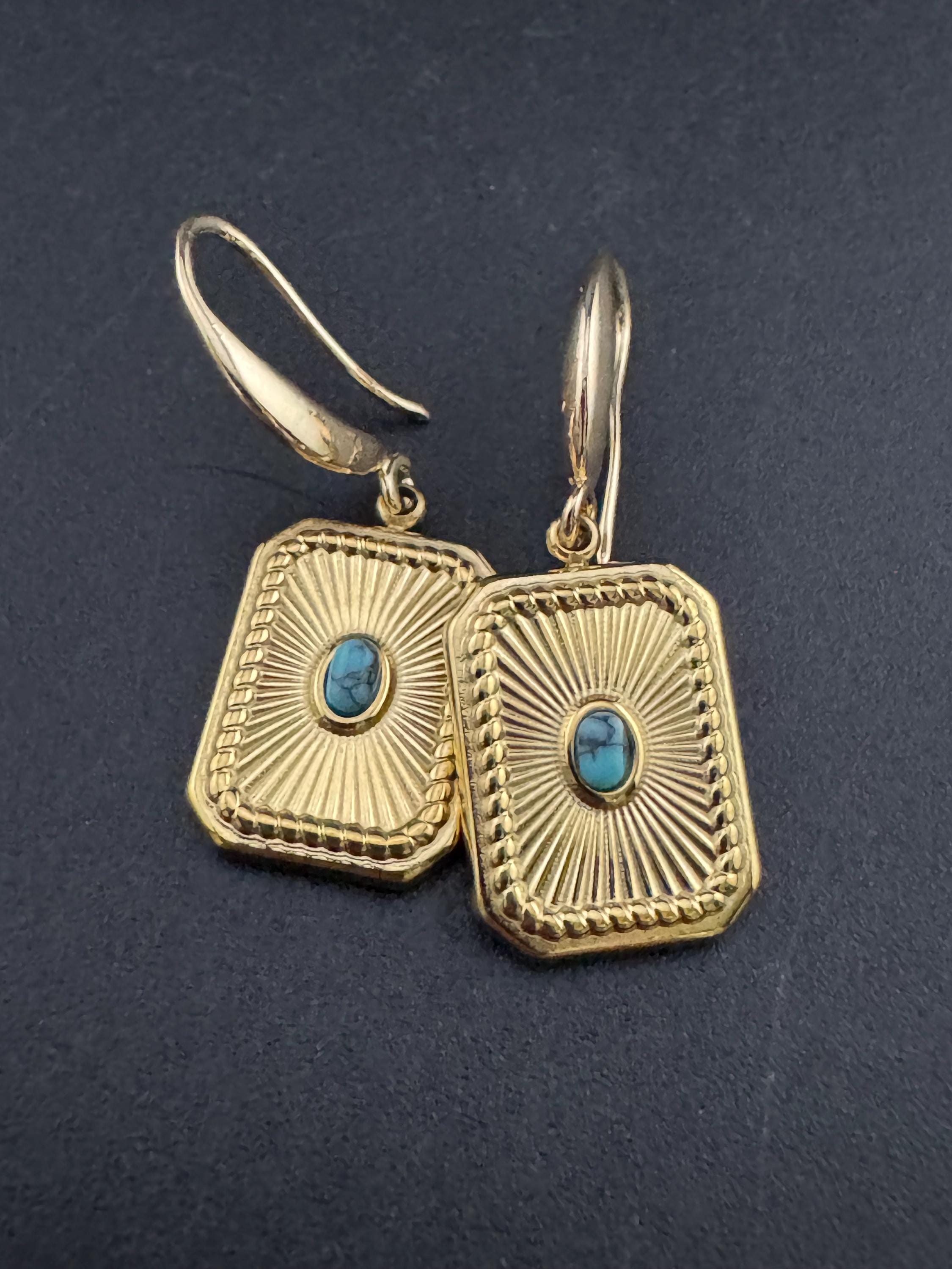 18k gold plated turquoise blue enamel Victorian octagonal star charm panel earrings