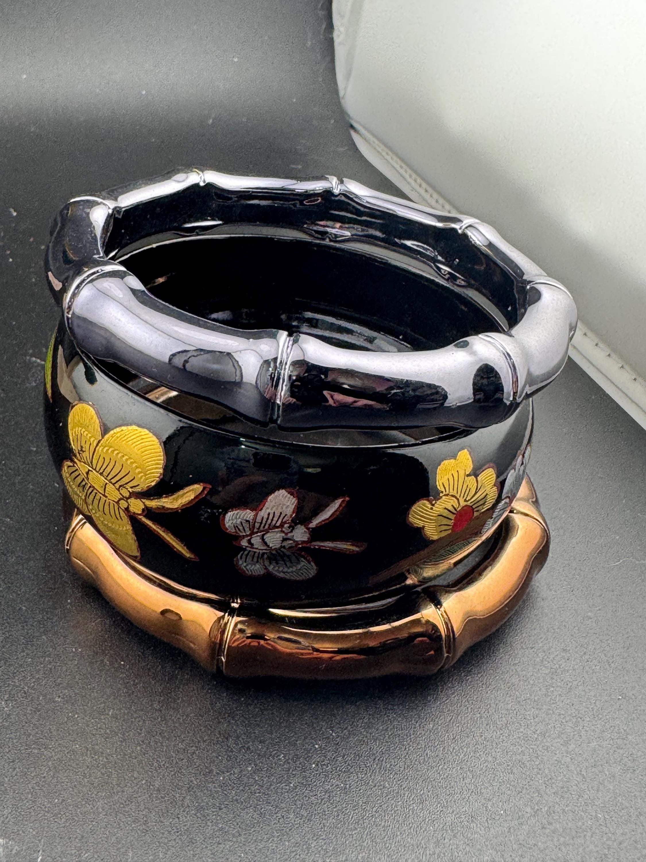 Vintage Chinese Style Bangle Set: Black, Gold, & Grey Acrylic Bracelets