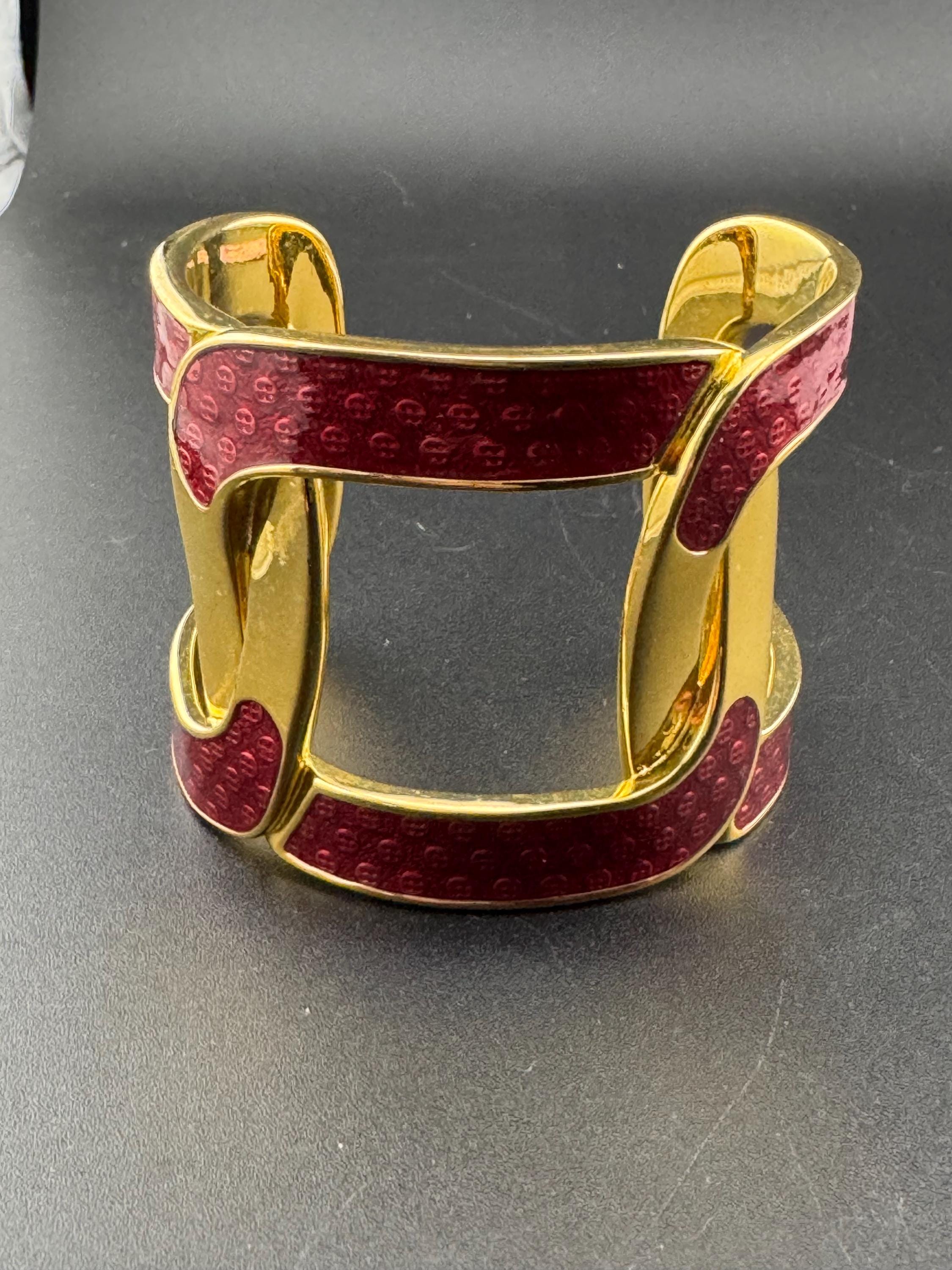 Signed ted baker retro heavy gold plated deep red enamel 5cm wide bangle bracelet
