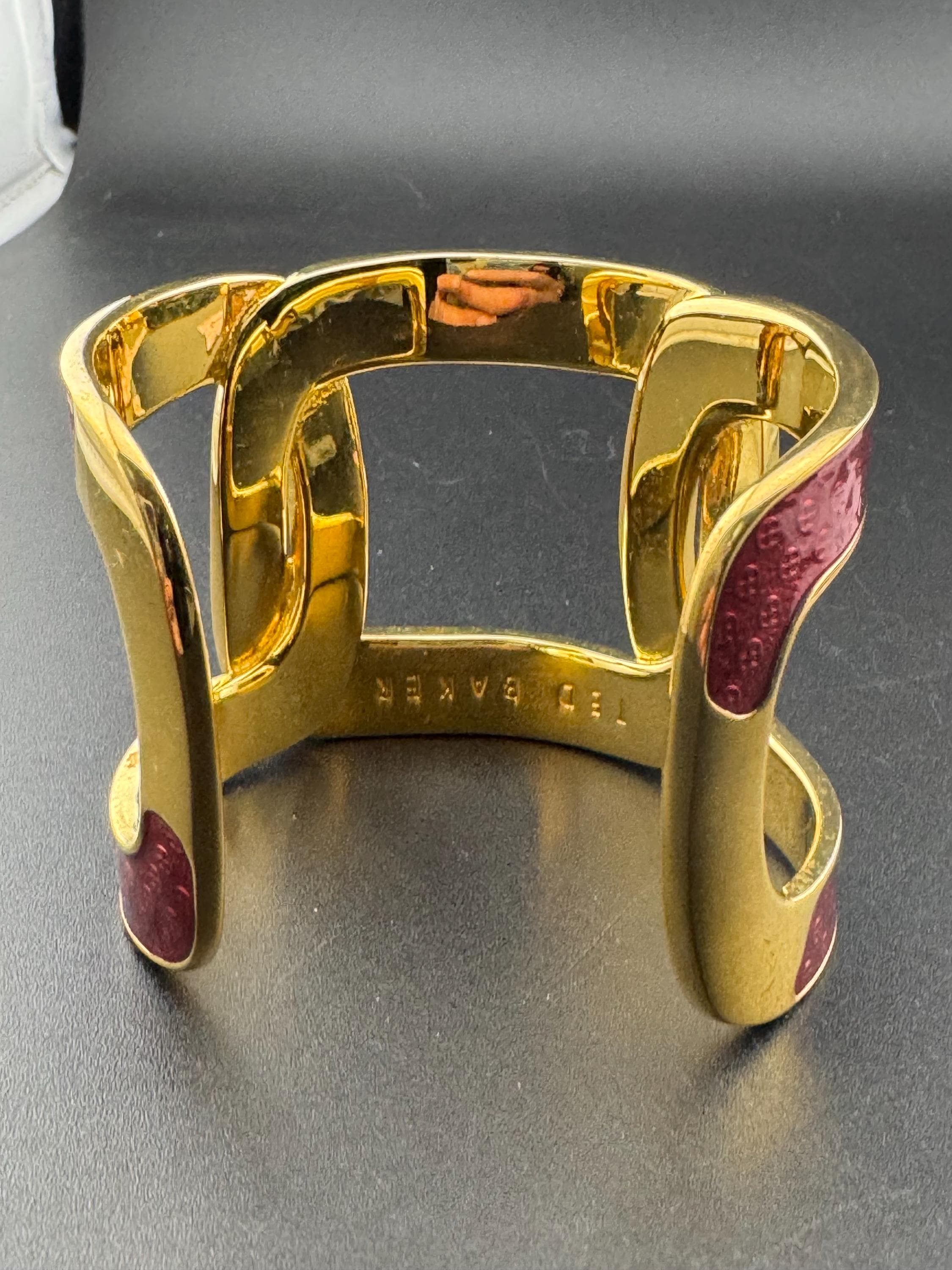 Signed ted baker retro heavy gold plated deep red enamel 5cm wide bangle bracelet
