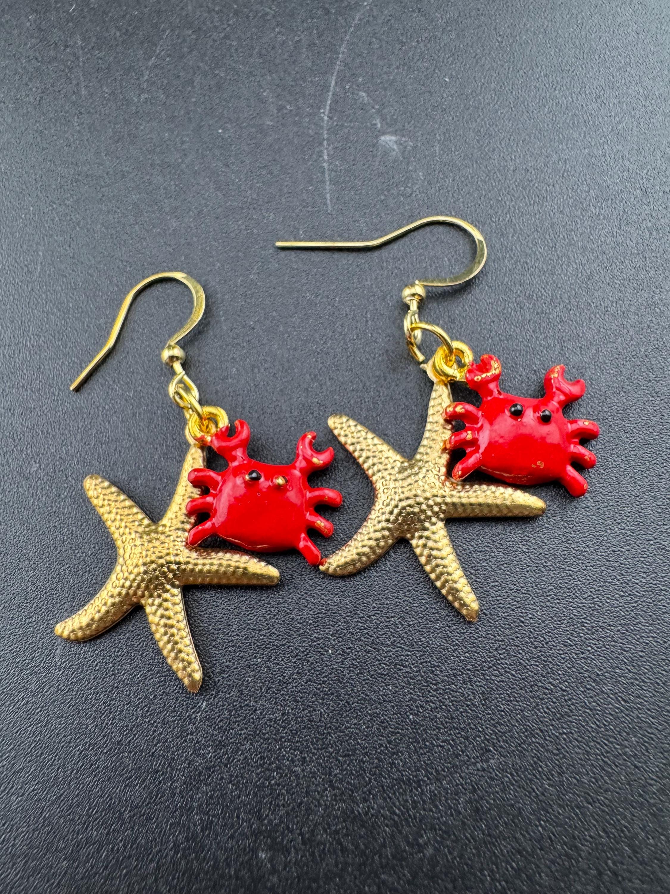 Red enamel crab and gold starfish earrings for pierced ears, Summer nautical vibes