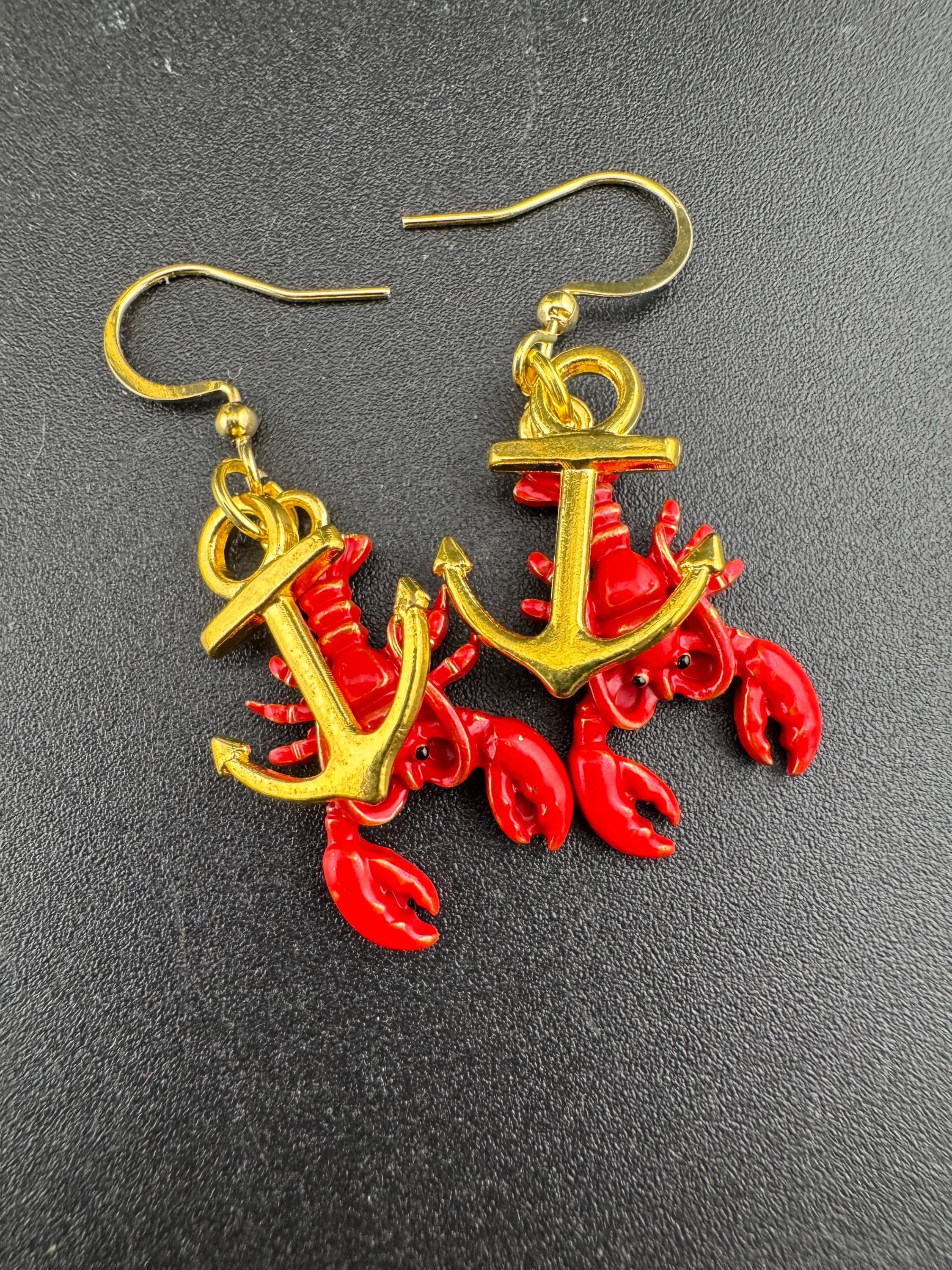 Red enamel lobster and gold anchor earrings for pierced ears, Summer nautical vibes